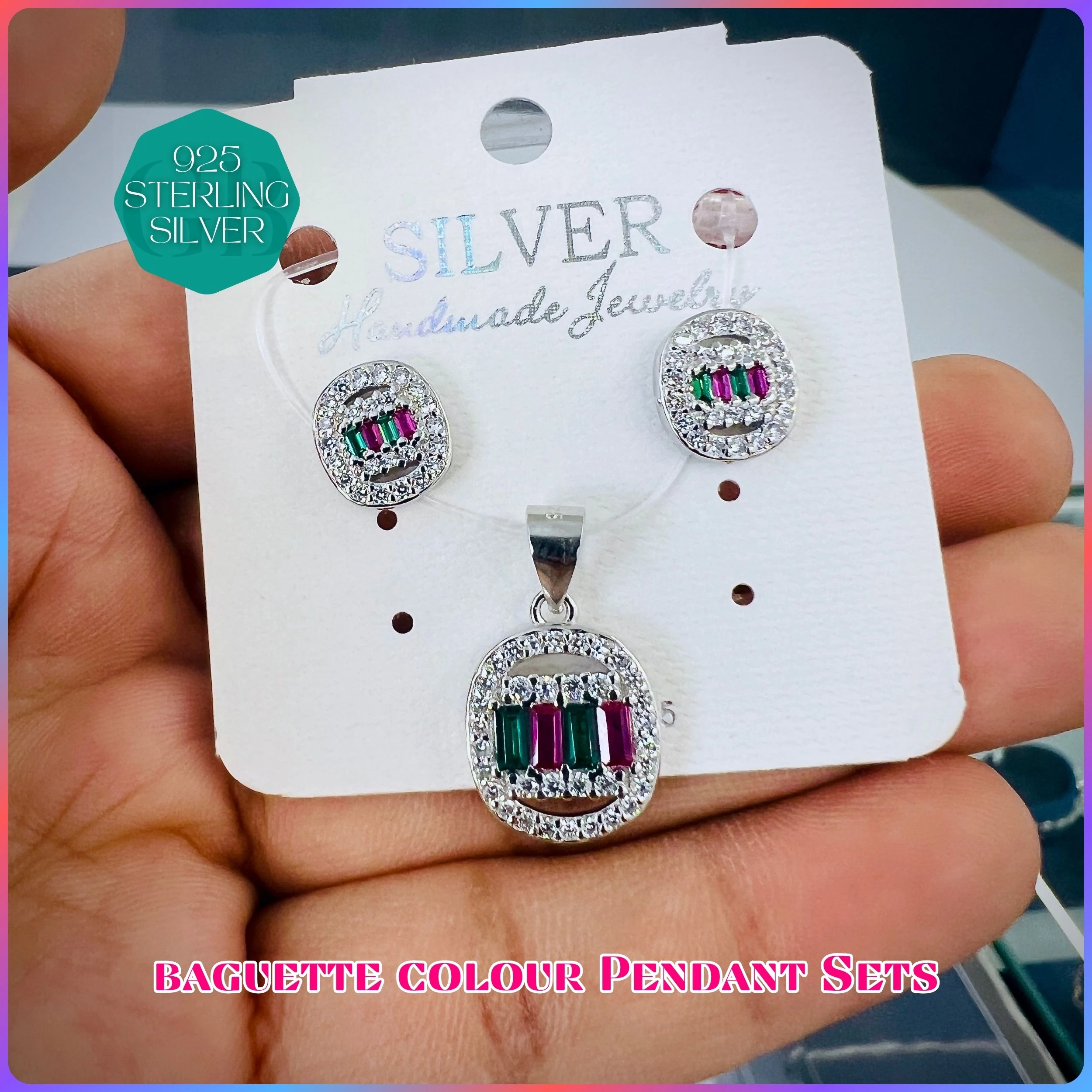 BAGUETTE COLOUR PENDANT SET - Premium 925 Silver Jewellery - SKU: GB-100-005 - Hyderabad Silver Importers
