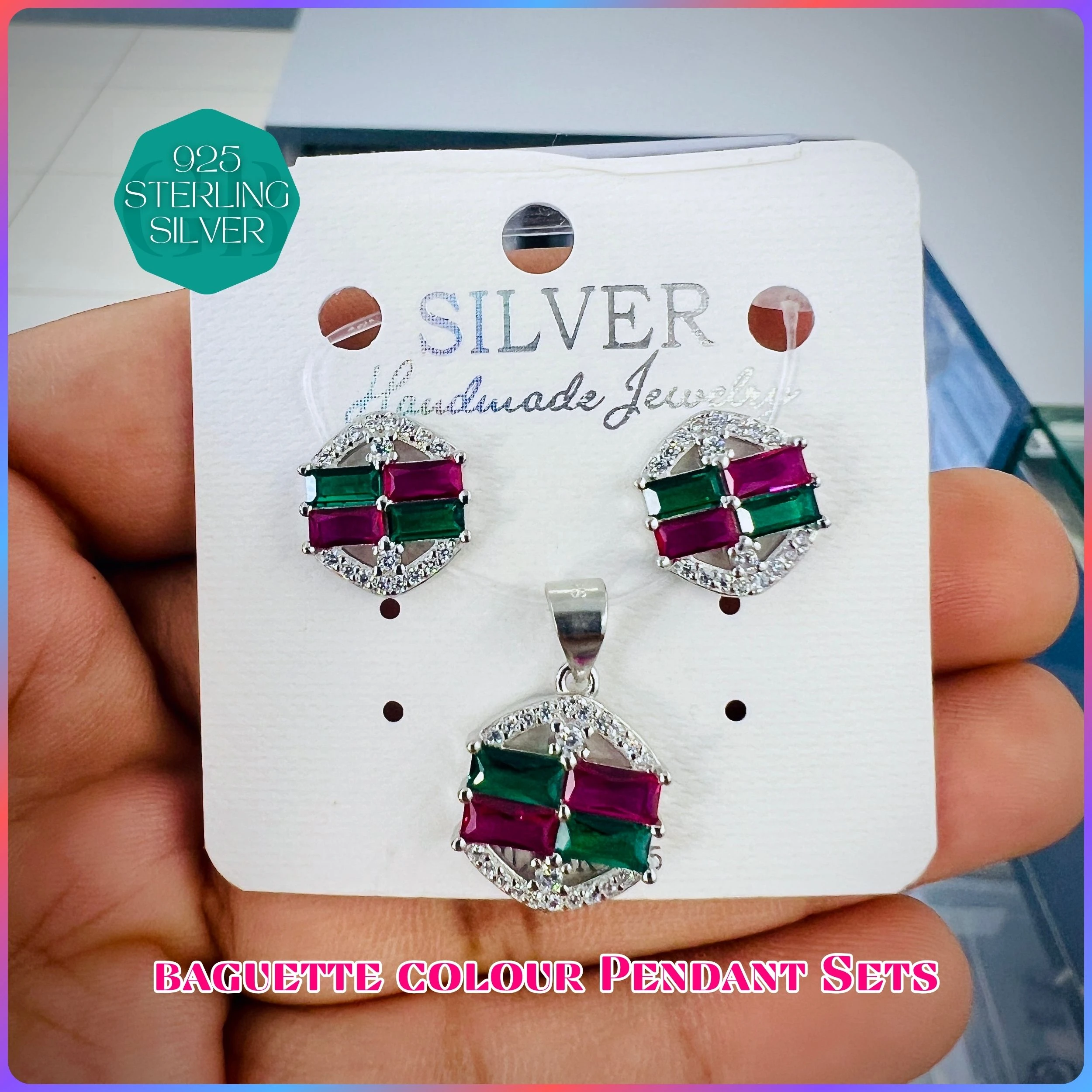 BAGUETTE COLOUR PENDANT SET - Premium 925 Silver Jewellery - SKU: GB-100-007 - Hyderabad Silver Importers