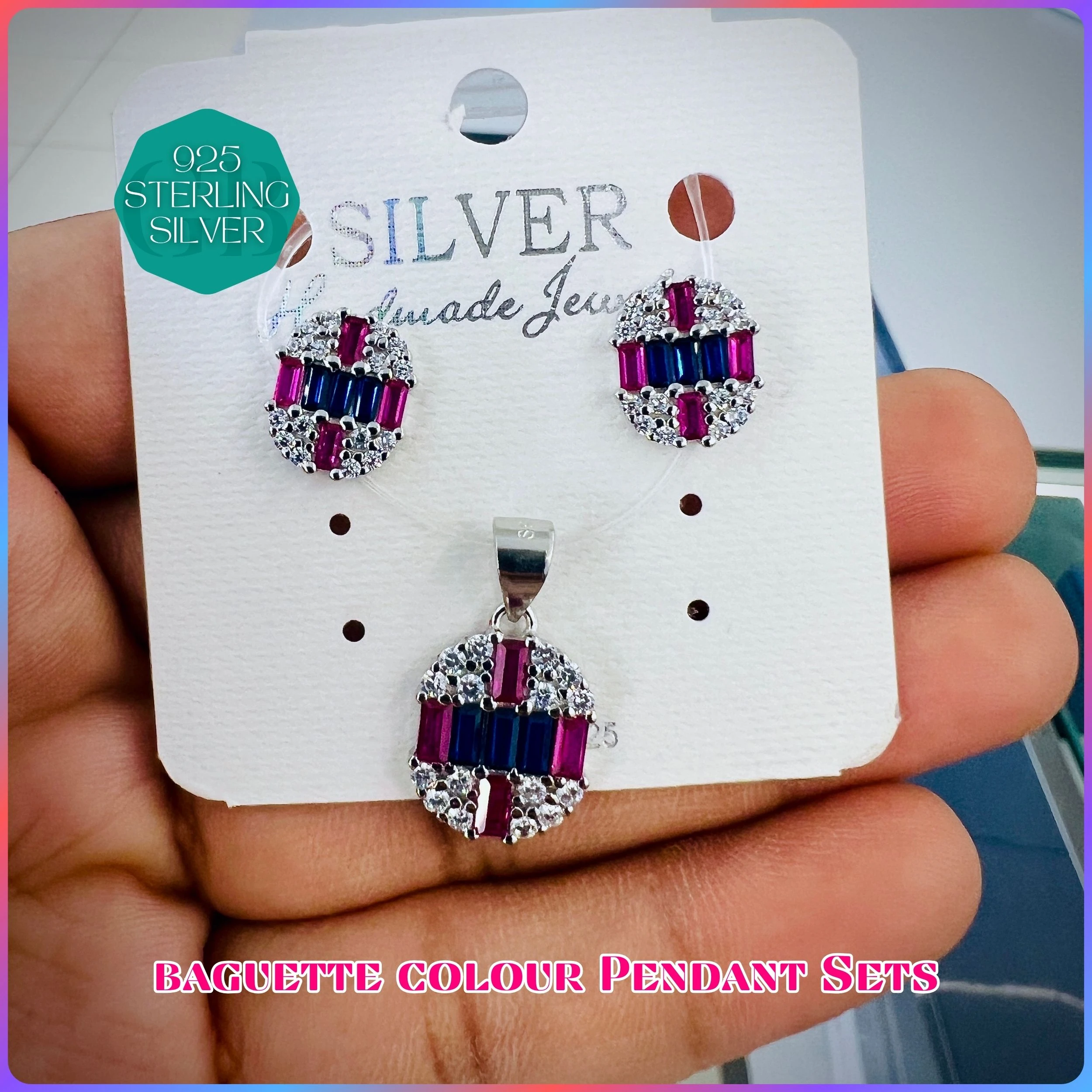 BAGUETTE COLOUR PENDANT SET - Premium 925 Silver Jewellery - SKU: GB-100-008 - Hyderabad Silver Importers