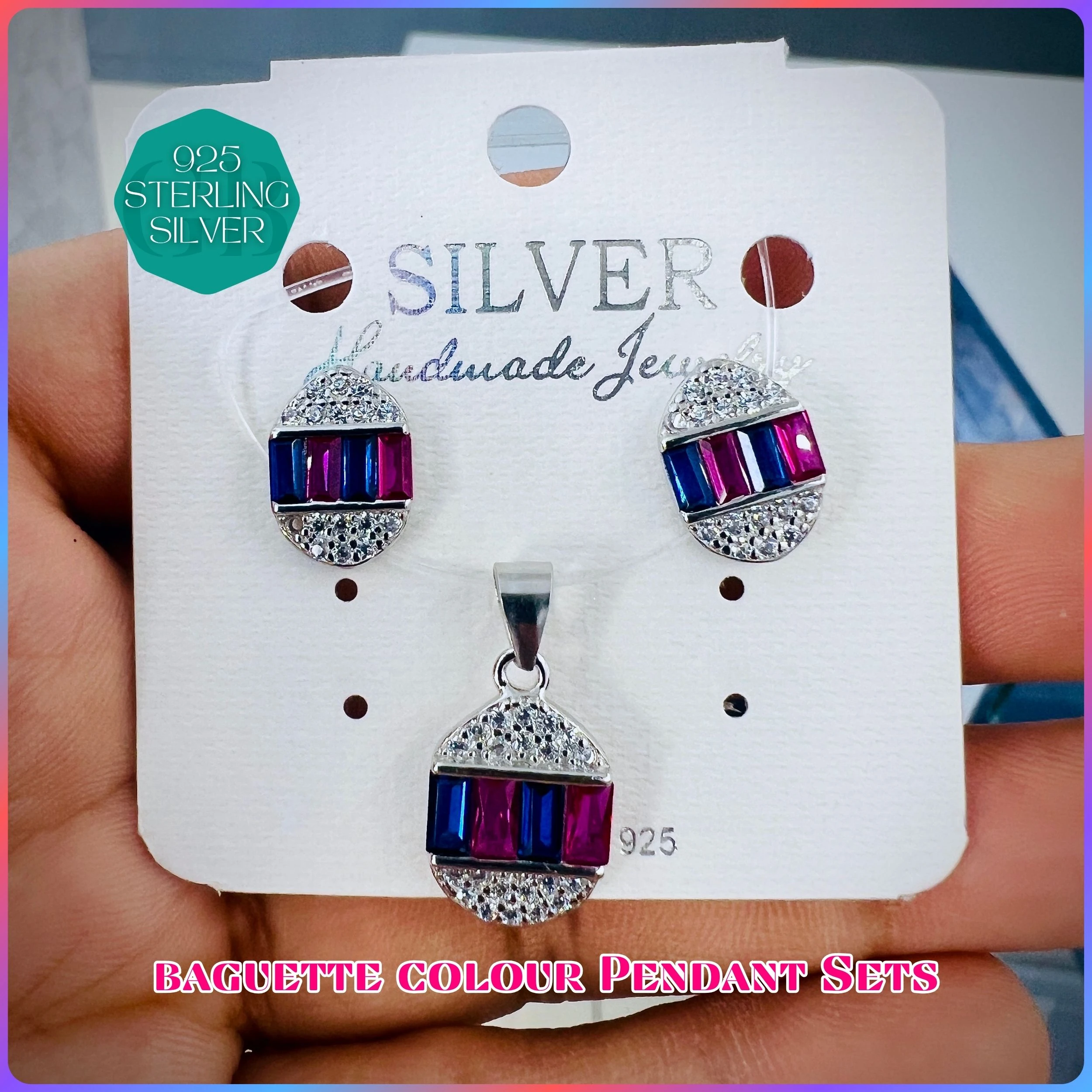 BAGUETTE COLOUR PENDANT SET - Premium 925 Silver Jewellery - SKU: GB-100-009 - Hyderabad Silver Importers