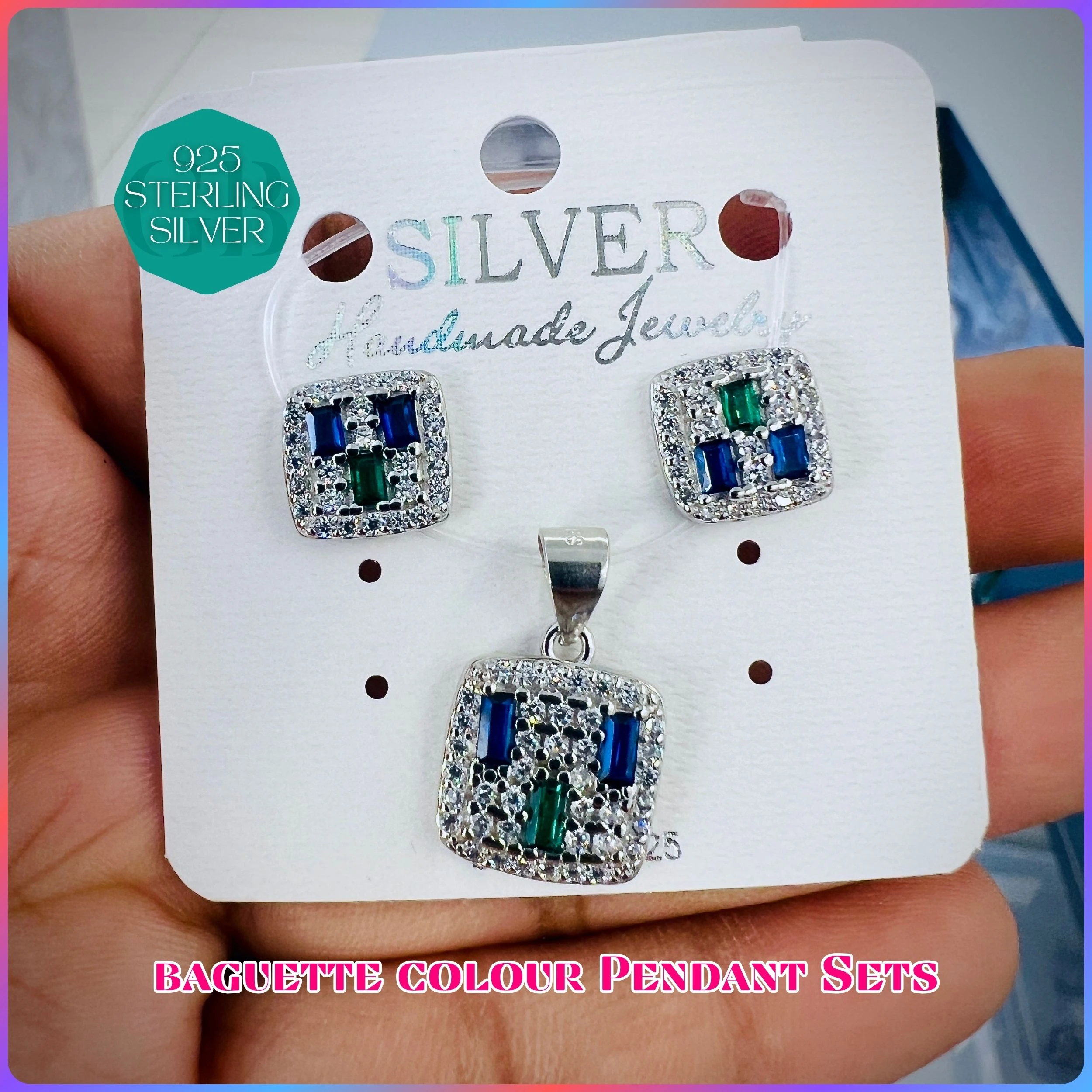 BAGUETTE COLOUR PENDANT SET - Premium 925 Silver Jewellery - SKU: GB-100-010 - Hyderabad Silver Importers
