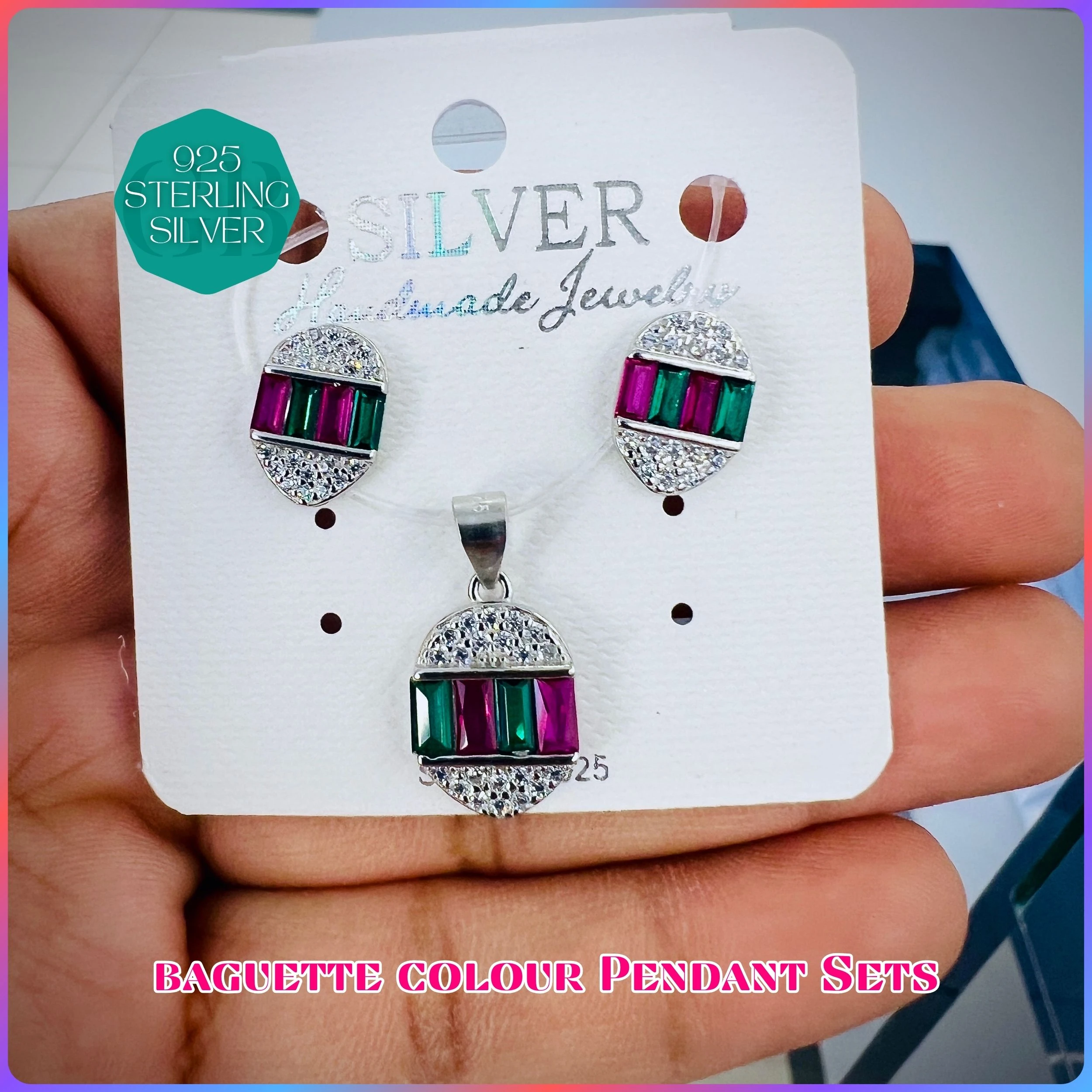 BAGUETTE COLOUR PENDANT SET - Premium 925 Silver Jewellery - SKU: GB-100-011 - Hyderabad Silver Importers