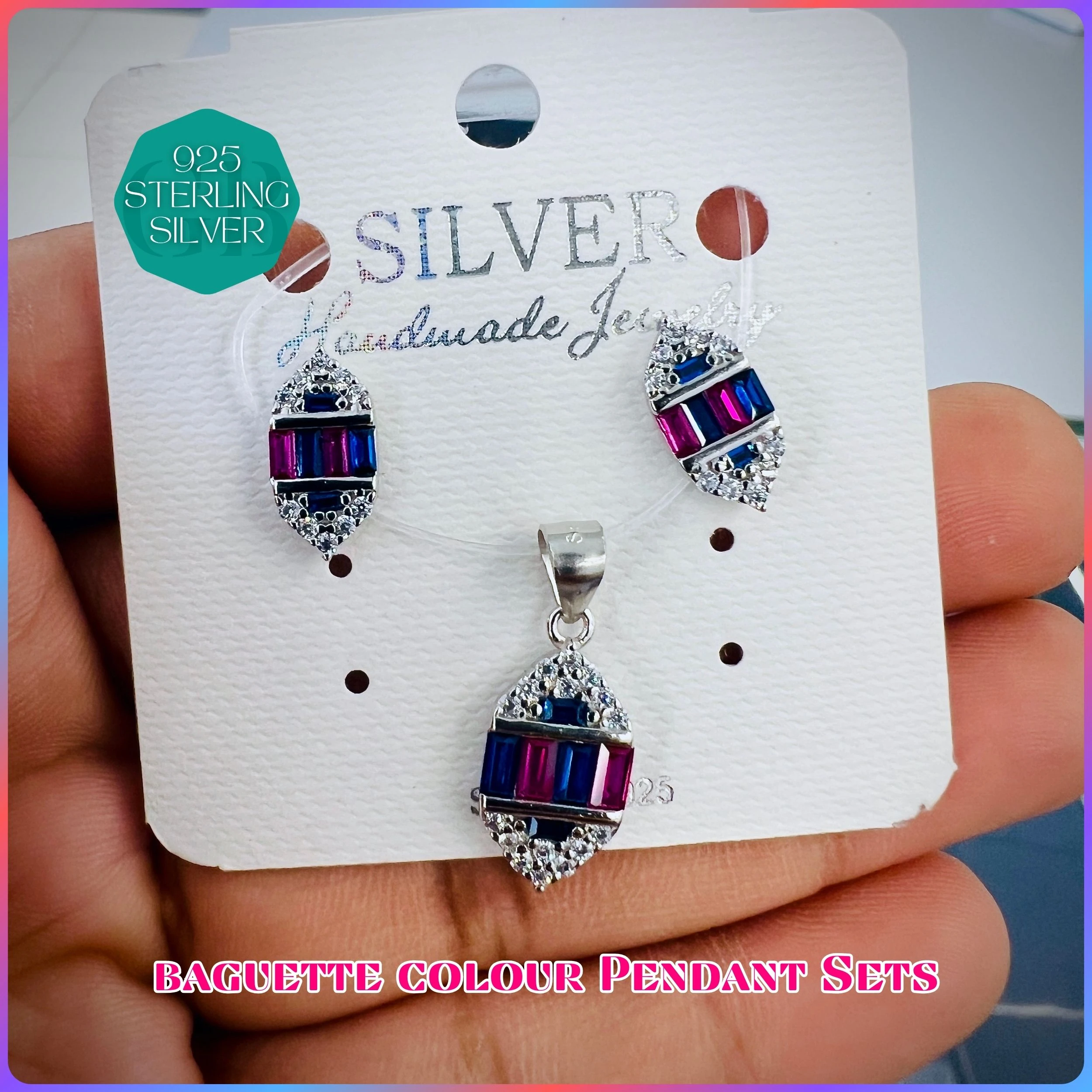 BAGUETTE COLOUR PENDANT SET - Premium 925 Silver Jewellery - SKU: GB-100-012 - Hyderabad Silver Importers