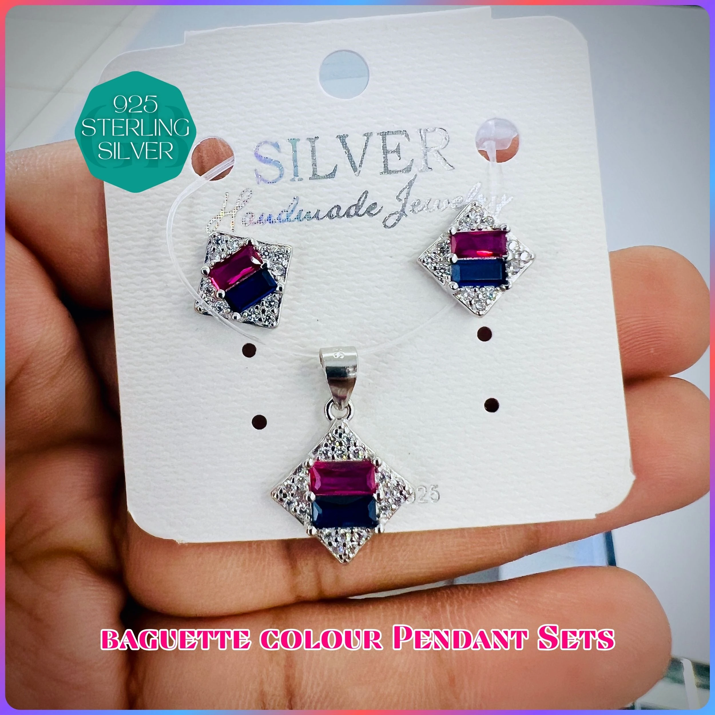 BAGUETTE COLOUR PENDANT SET - Premium 925 Silver Jewellery - SKU: GB-100-013 - Hyderabad Silver Importers
