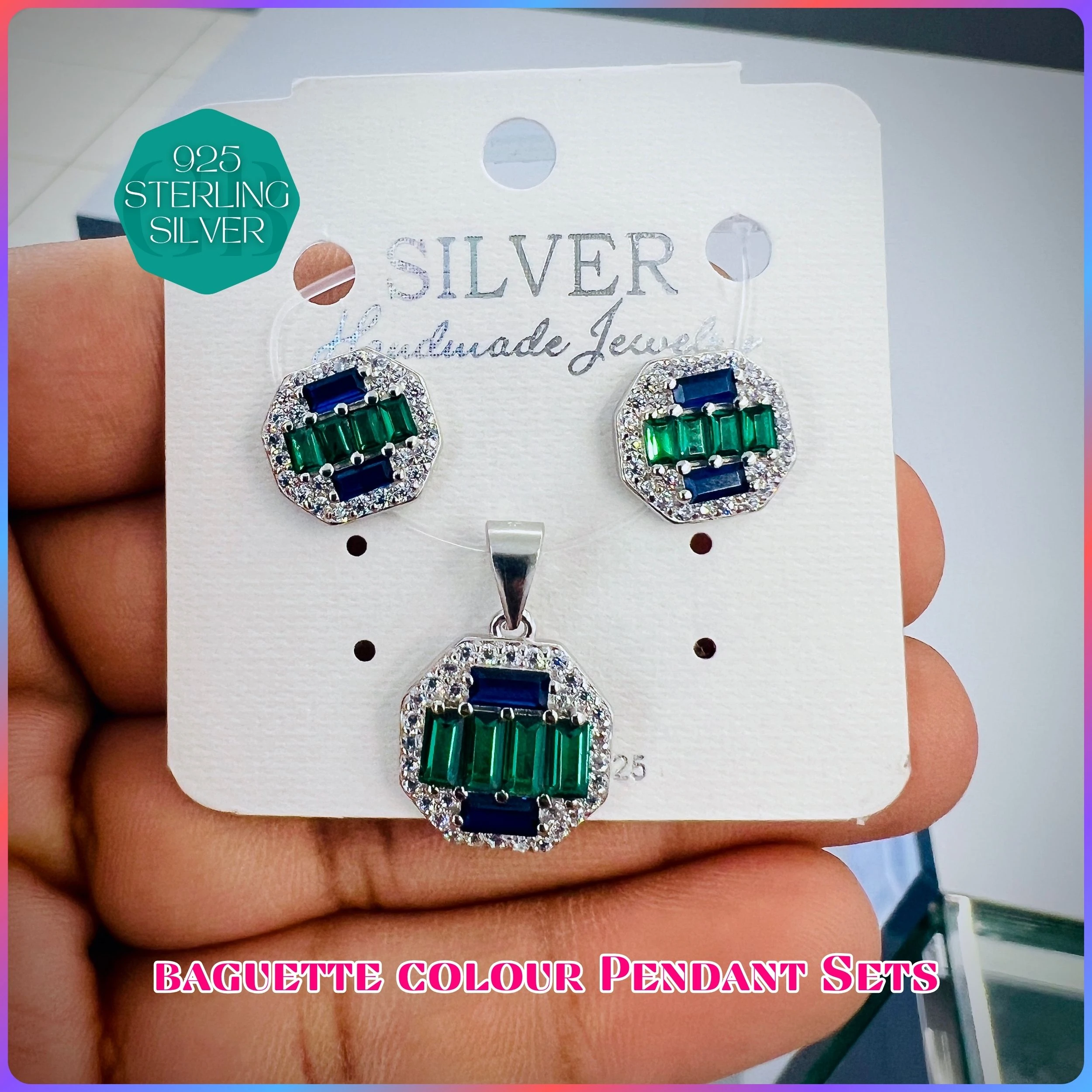 BAGUETTE COLOUR PENDANT SET - Premium 925 Silver Jewellery - SKU: GB-100-014 - Hyderabad Silver Importers