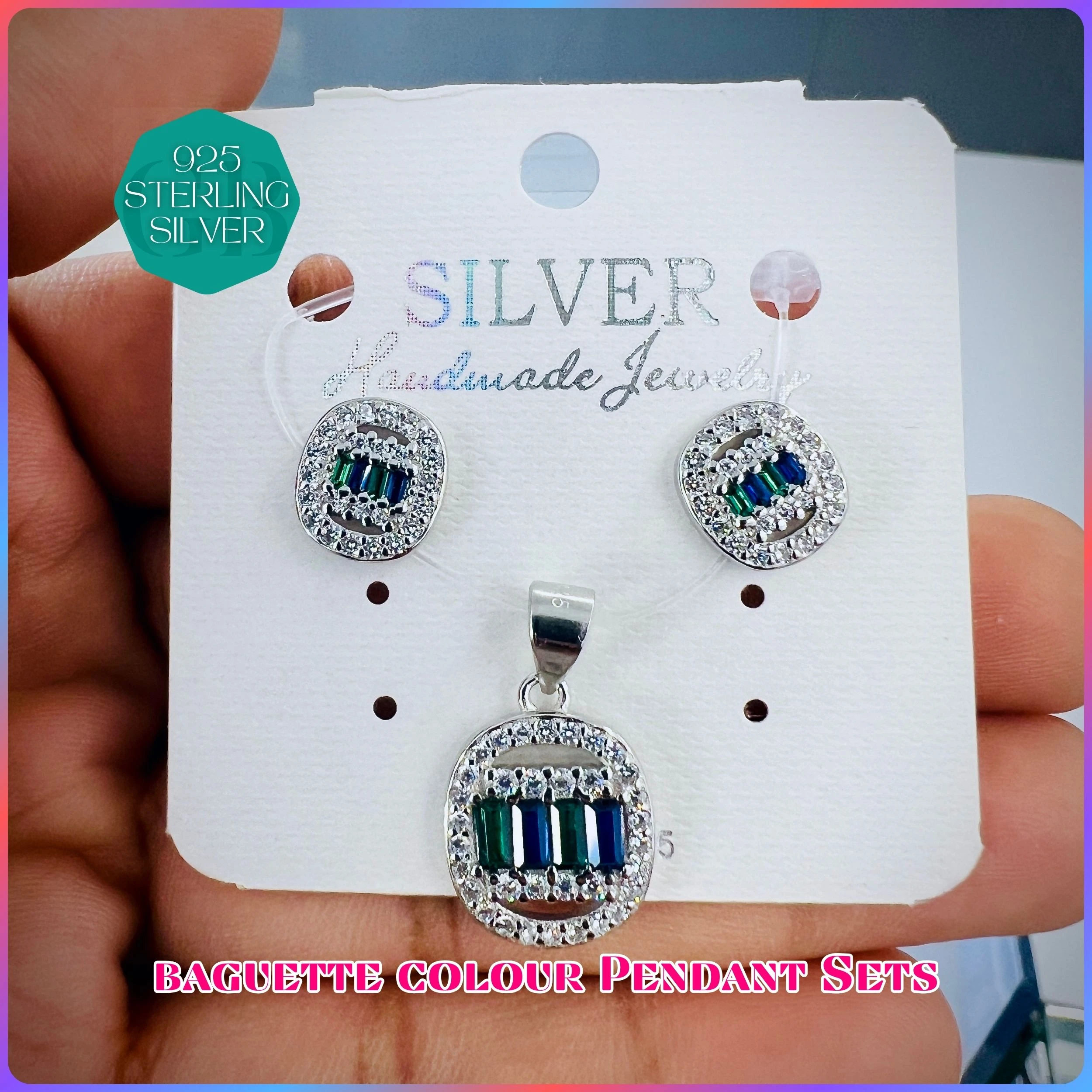 BAGUETTE COLOUR PENDANT SET - Premium 925 Silver Jewellery - SKU: GB-100-015 - Hyderabad Silver Importers