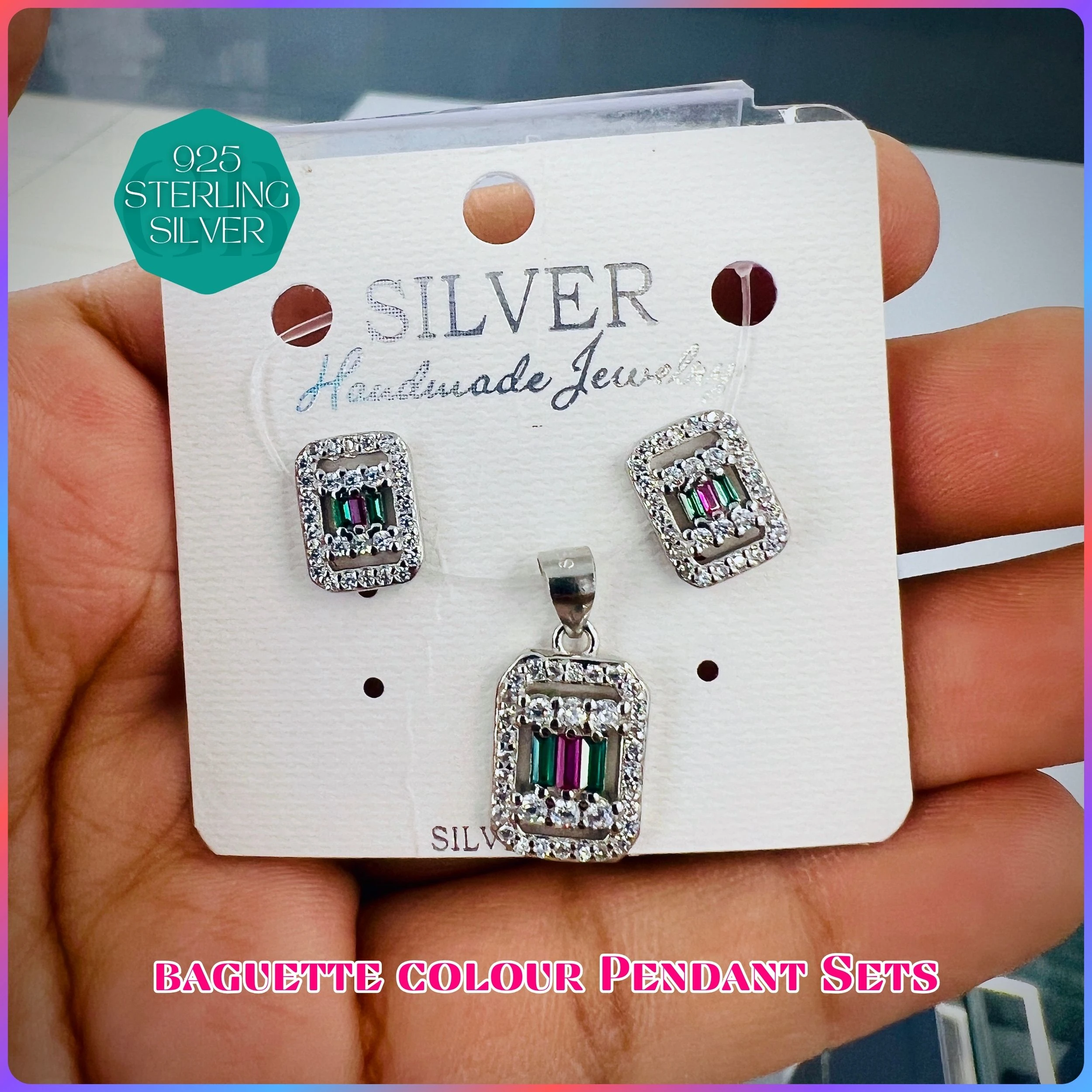 BAGUETTE COLOUR PENDANT SET - Premium 925 Silver Jewellery - SKU: GB-100-016 - Hyderabad Silver Importers