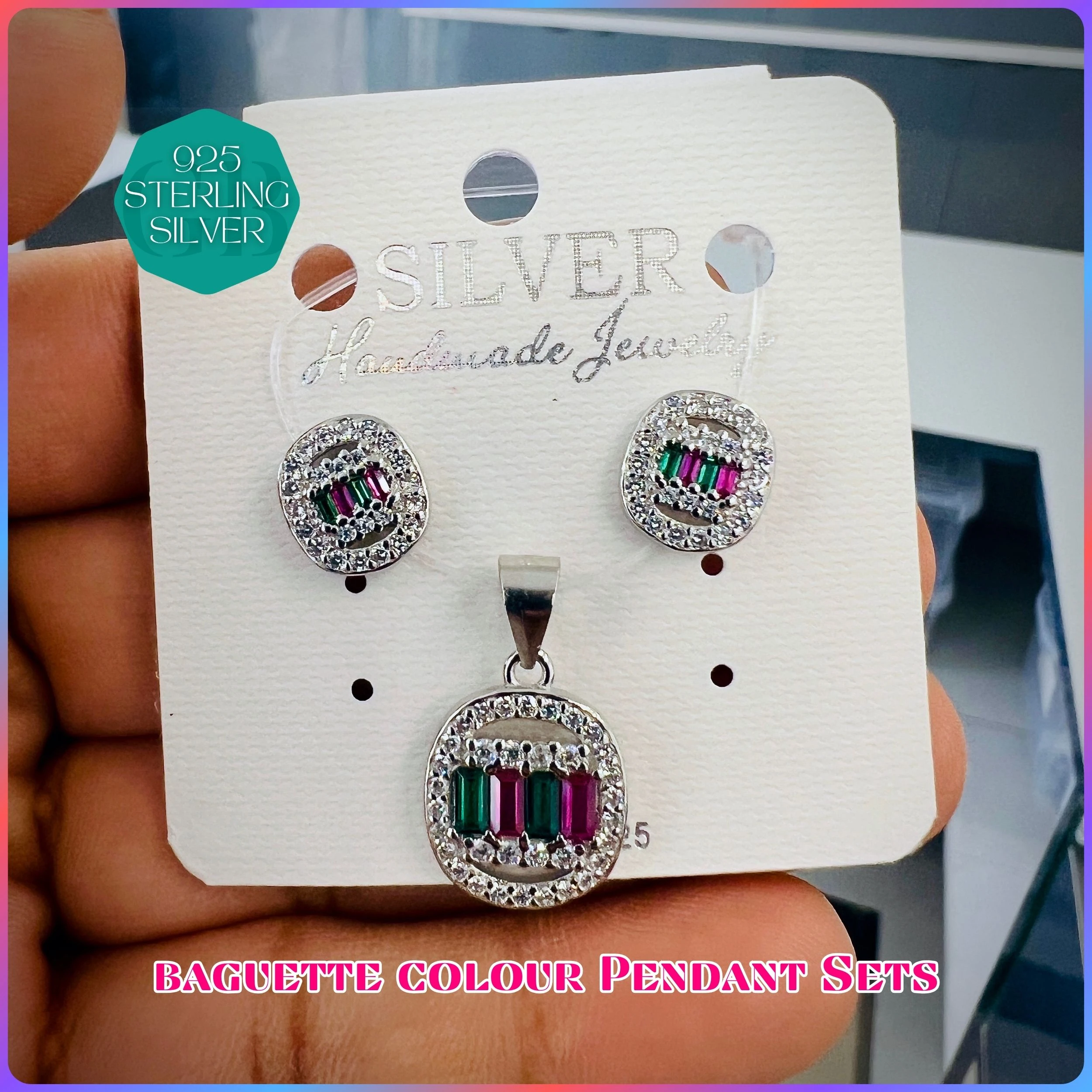 BAGUETTE COLOUR PENDANT SET - Premium 925 Silver Jewellery - SKU: GB-100-017 - Hyderabad Silver Importers