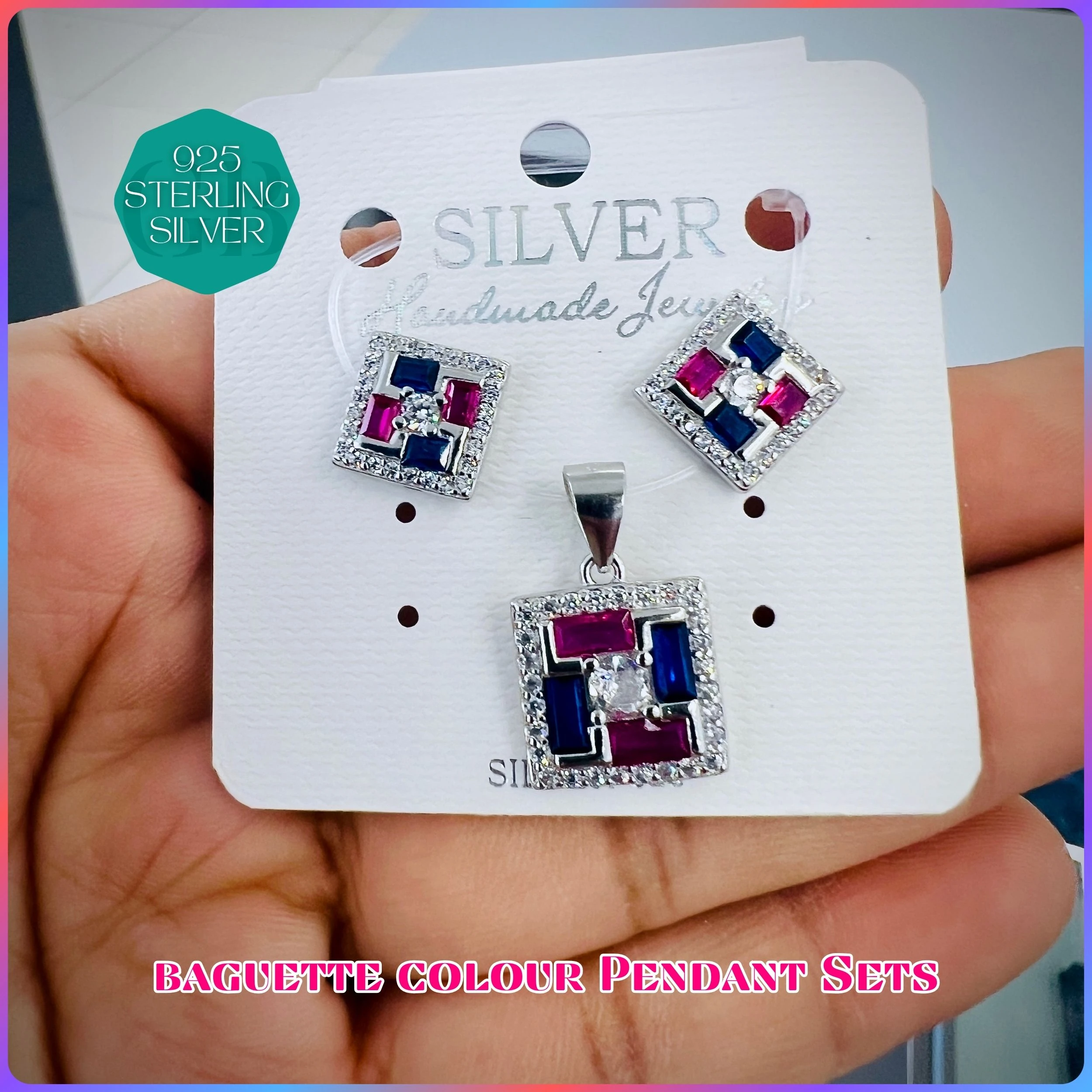 BAGUETTE COLOUR PENDANT SET - Premium 925 Silver Jewellery - SKU: GB-100-018 - Hyderabad Silver Importers
