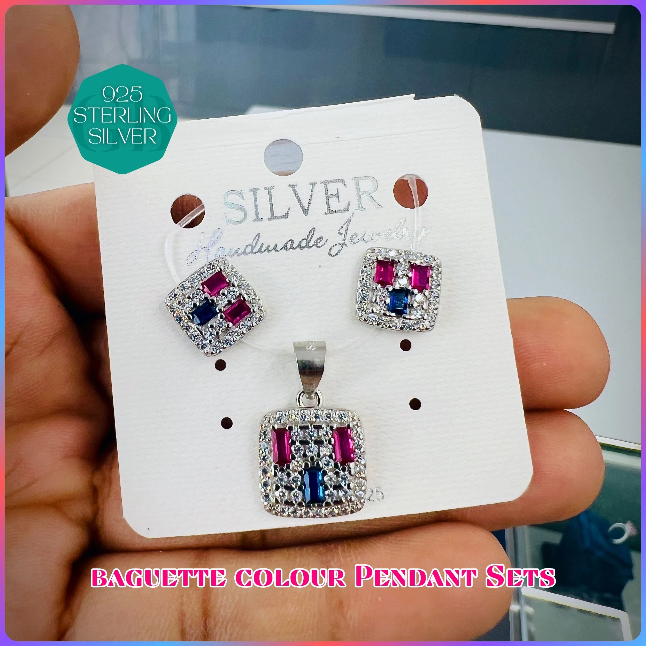 BAGUETTE COLOUR PENDANT SET - Premium 925 Silver Jewellery - SKU: GB-100-020 - Hyderabad Silver Importers