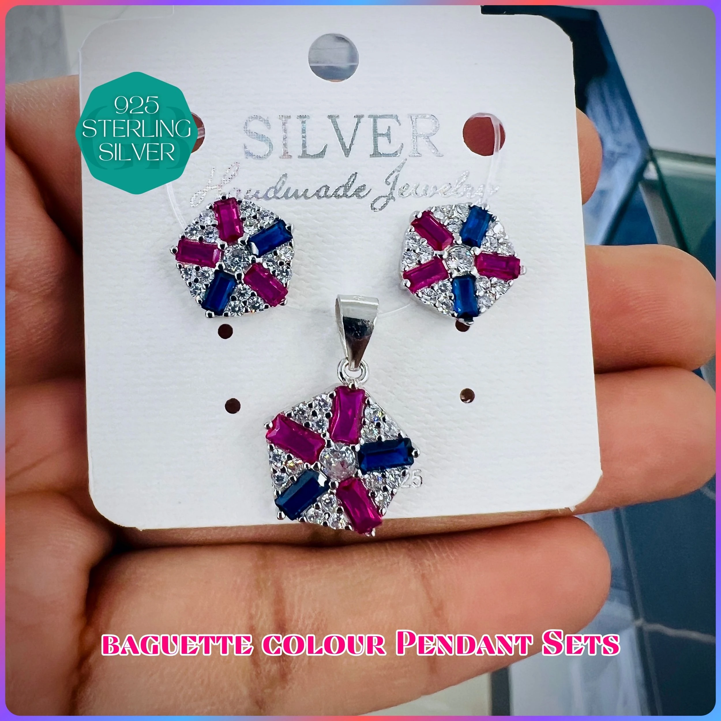 BAGUETTE COLOUR PENDANT SET - Premium 925 Silver Jewellery - SKU: GB-100-021 - Hyderabad Silver Importers