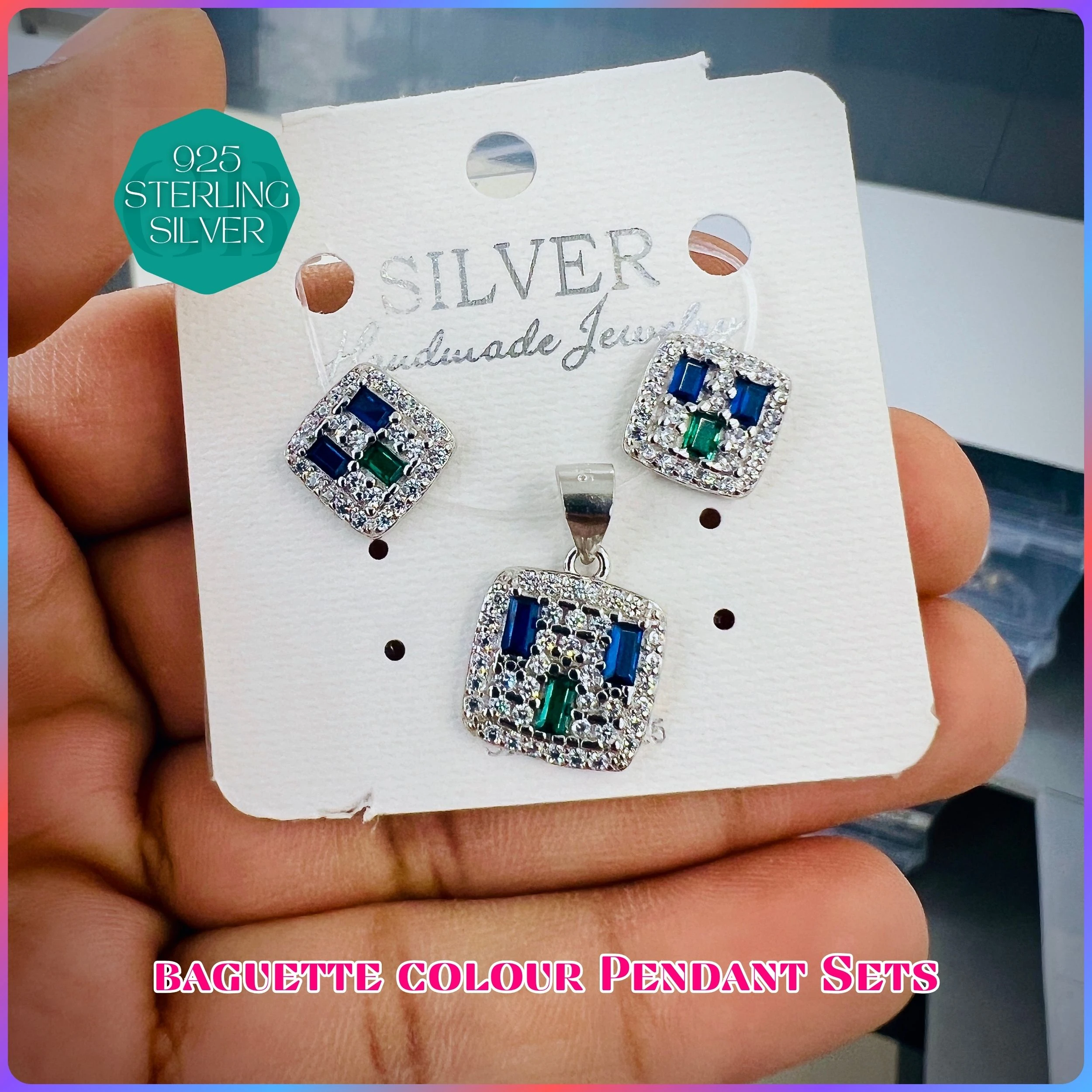 BAGUETTE COLOUR PENDANT SET - Premium 925 Silver Jewellery - SKU: GB-100-022 - Hyderabad Silver Importers