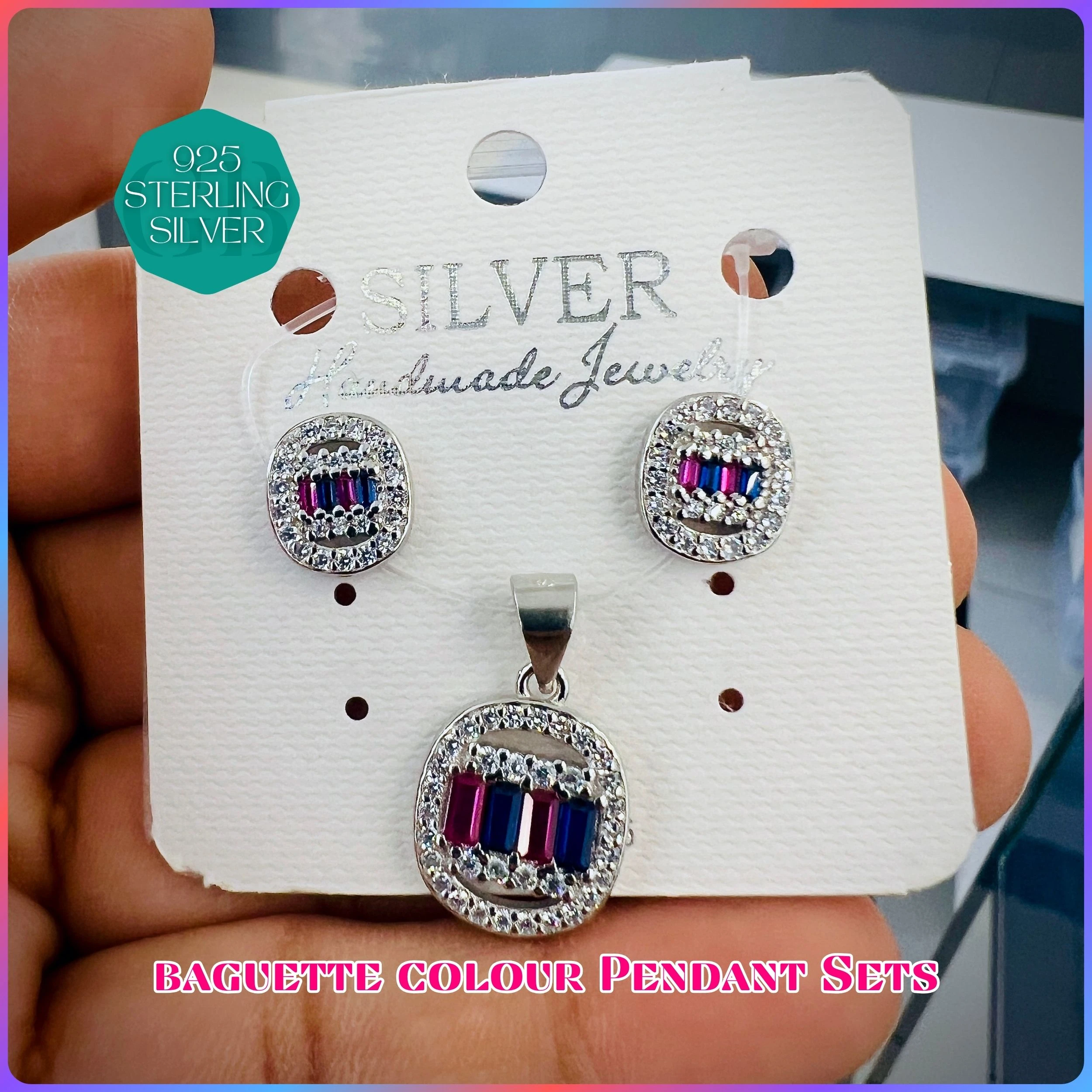 BAGUETTE COLOUR PENDANT SET - Premium 925 Silver Jewellery - SKU: GB-100-024 - Hyderabad Silver Importers