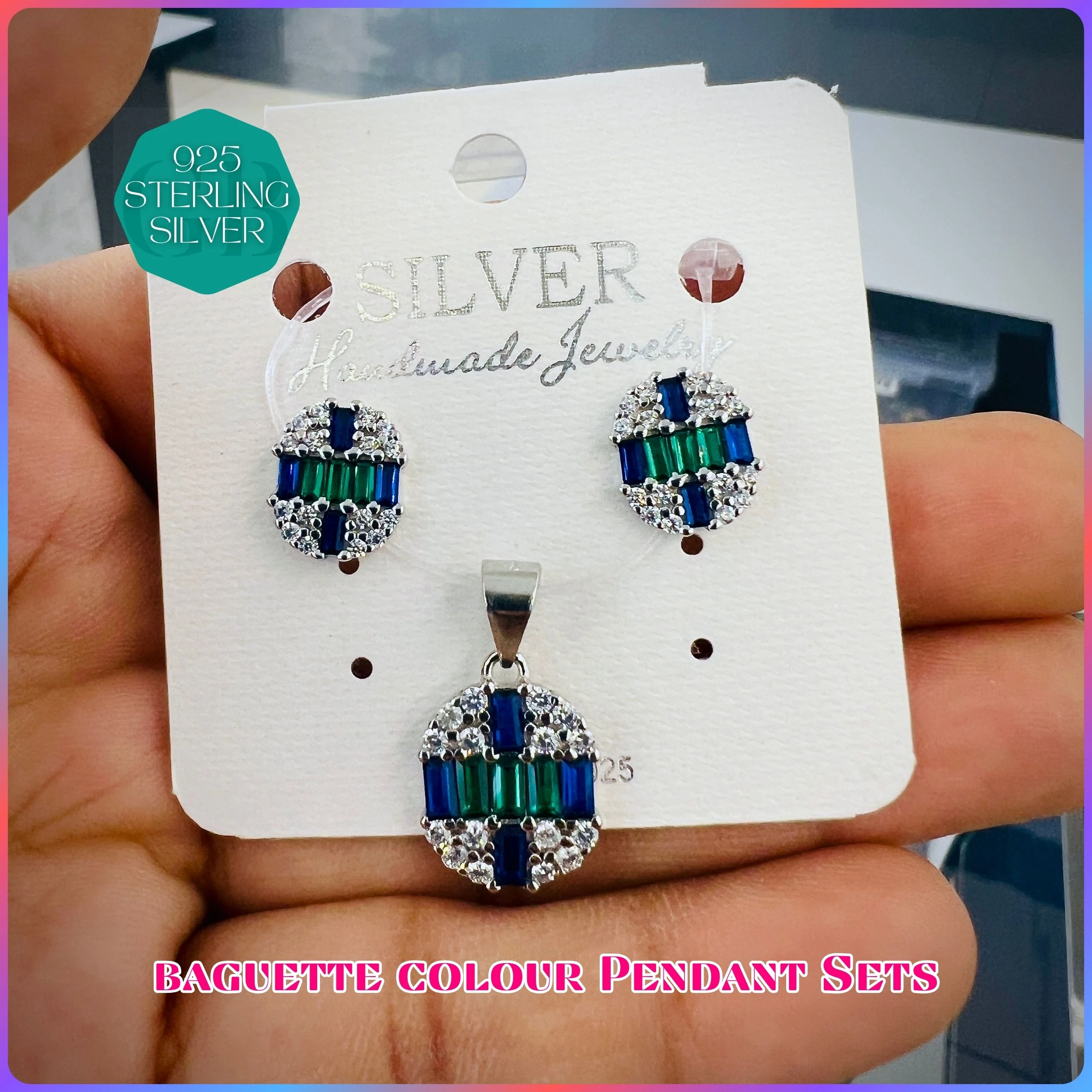 BAGUETTE COLOUR PENDANT SET - Premium 925 Silver Jewellery - SKU: GB-100-025 - Hyderabad Silver Importers
