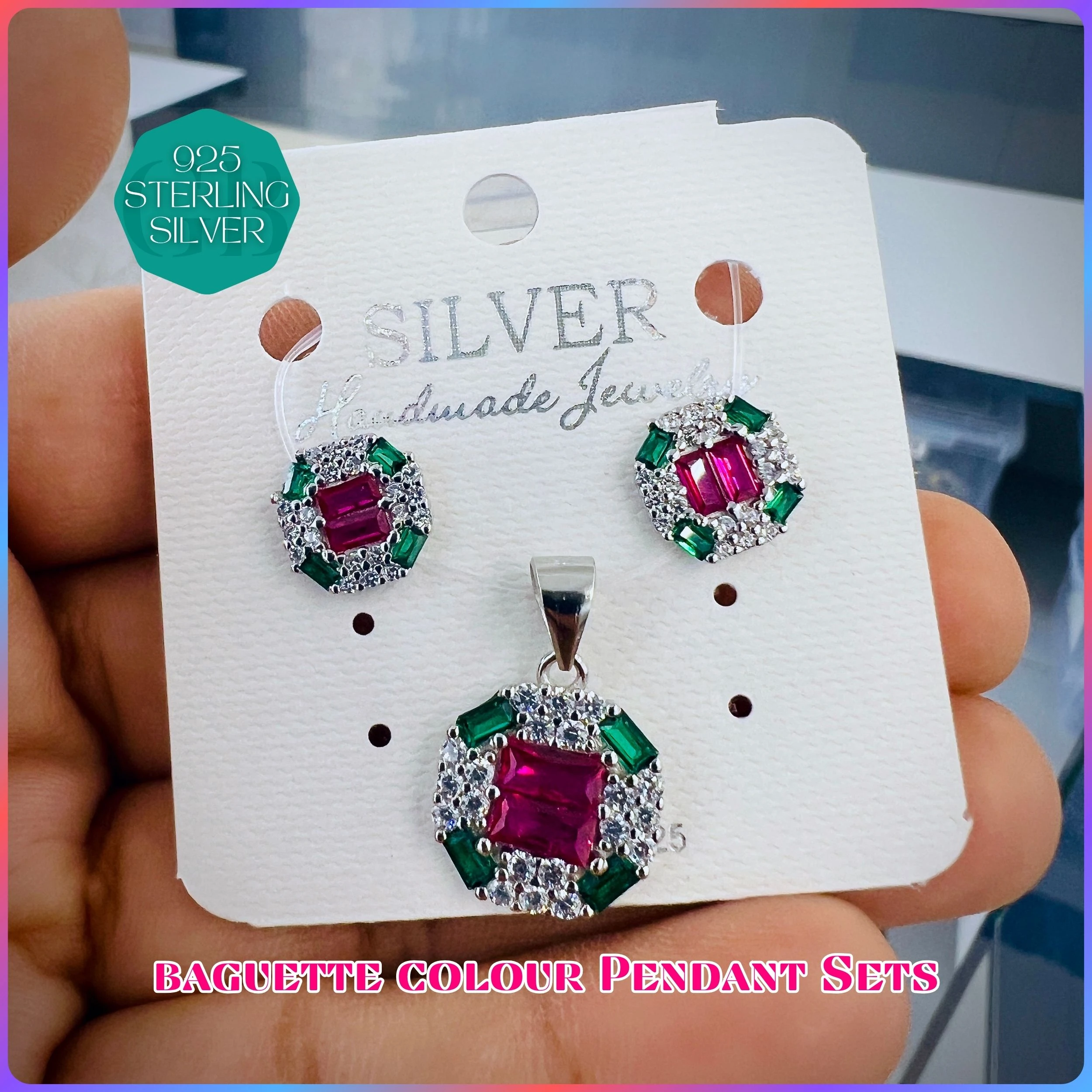 BAGUETTE COLOUR PENDANT SET - Premium 925 Silver Jewellery - SKU: GB-100-026 - Hyderabad Silver Importers