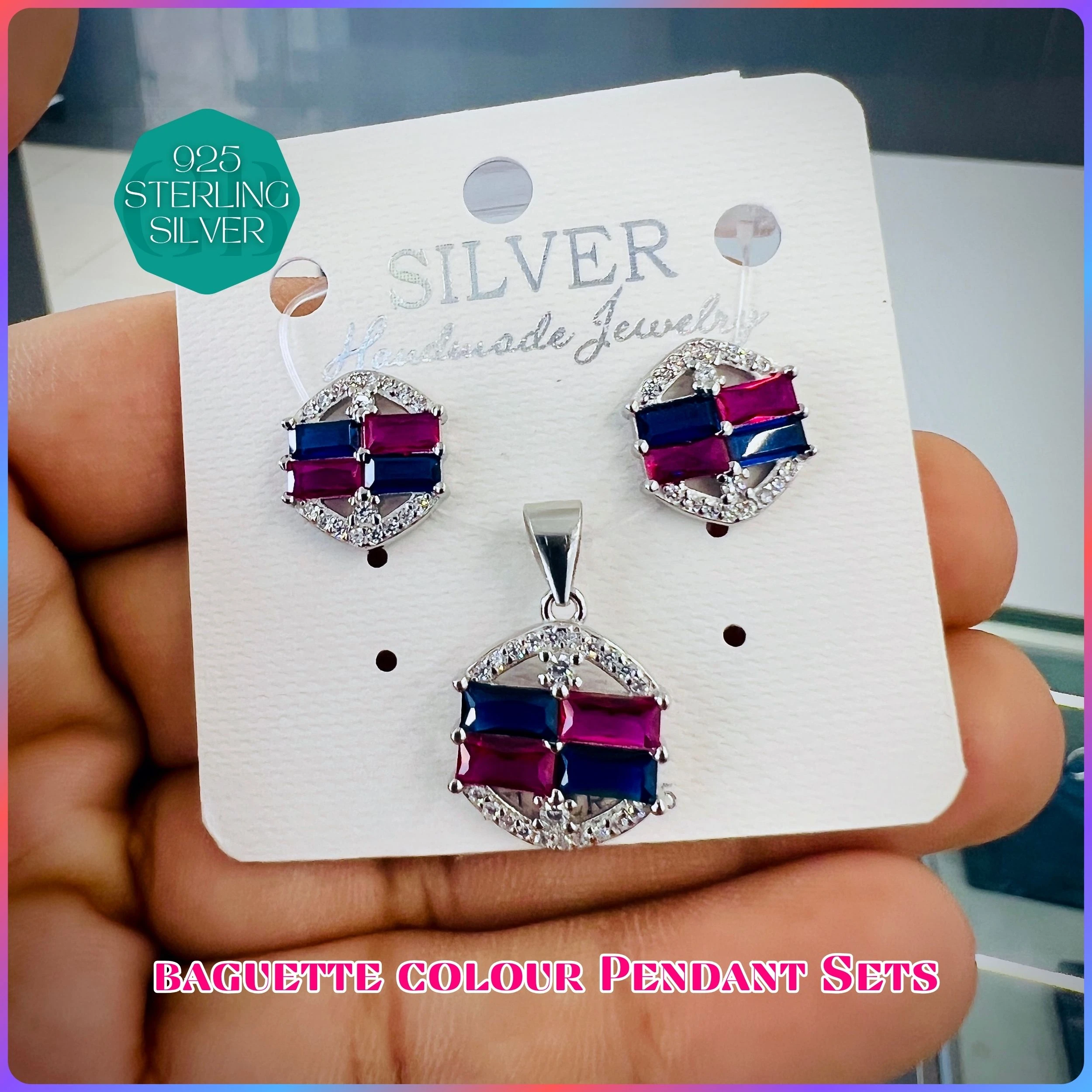 BAGUETTE COLOUR PENDANT SET - Premium 925 Silver Jewellery - SKU: GB-100-027 - Hyderabad Silver Importers