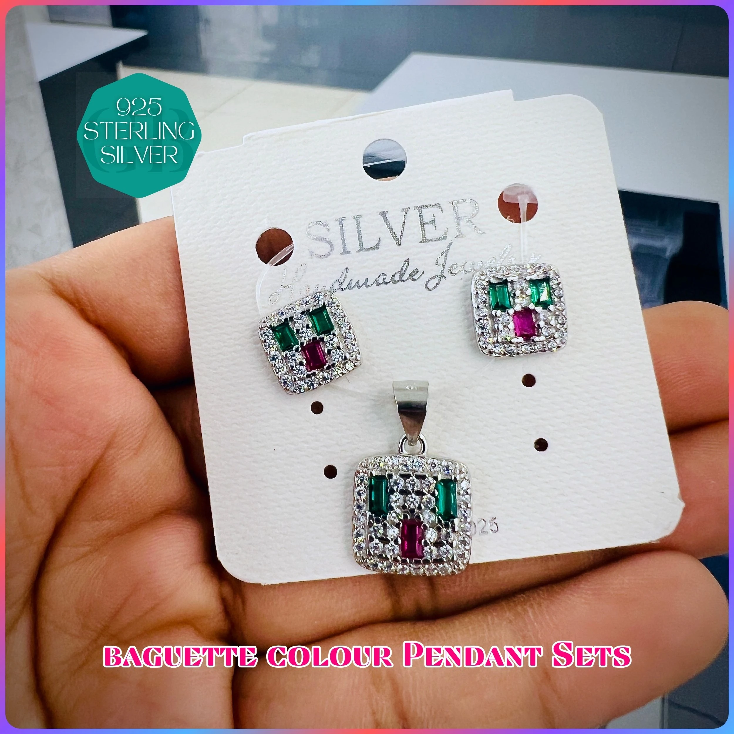 BAGUETTE COLOUR PENDANT SET - Premium 925 Silver Jewellery - SKU: GB-100-028 - Hyderabad Silver Importers