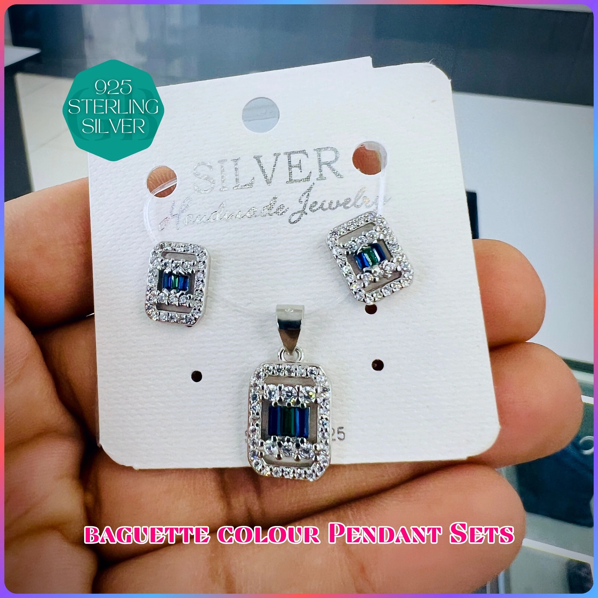 BAGUETTE COLOUR PENDANT SET - Premium 925 Silver Jewellery - SKU: GB-100-029 - Hyderabad Silver Importers