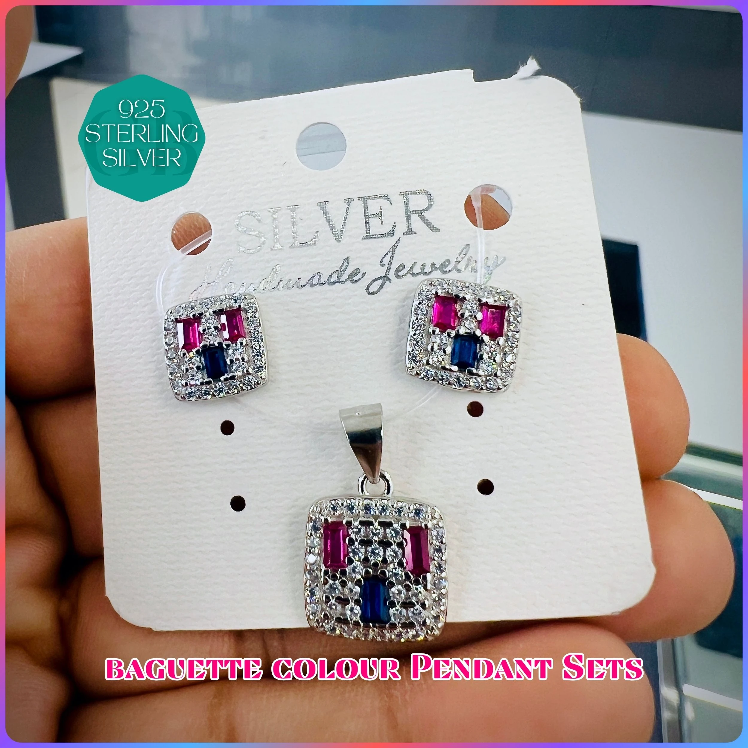BAGUETTE COLOUR PENDANT SET - Premium 925 Silver Jewellery - SKU: GB-100-030 - Hyderabad Silver Importers