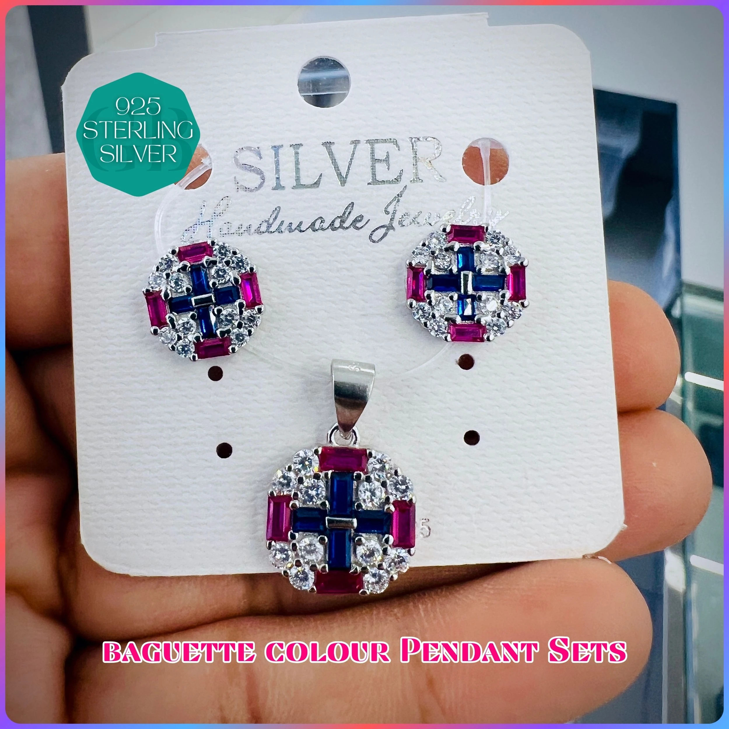 BAGUETTE COLOUR PENDANT SET - Premium 925 Silver Jewellery - SKU: GB-100-032 - Hyderabad Silver Importers
