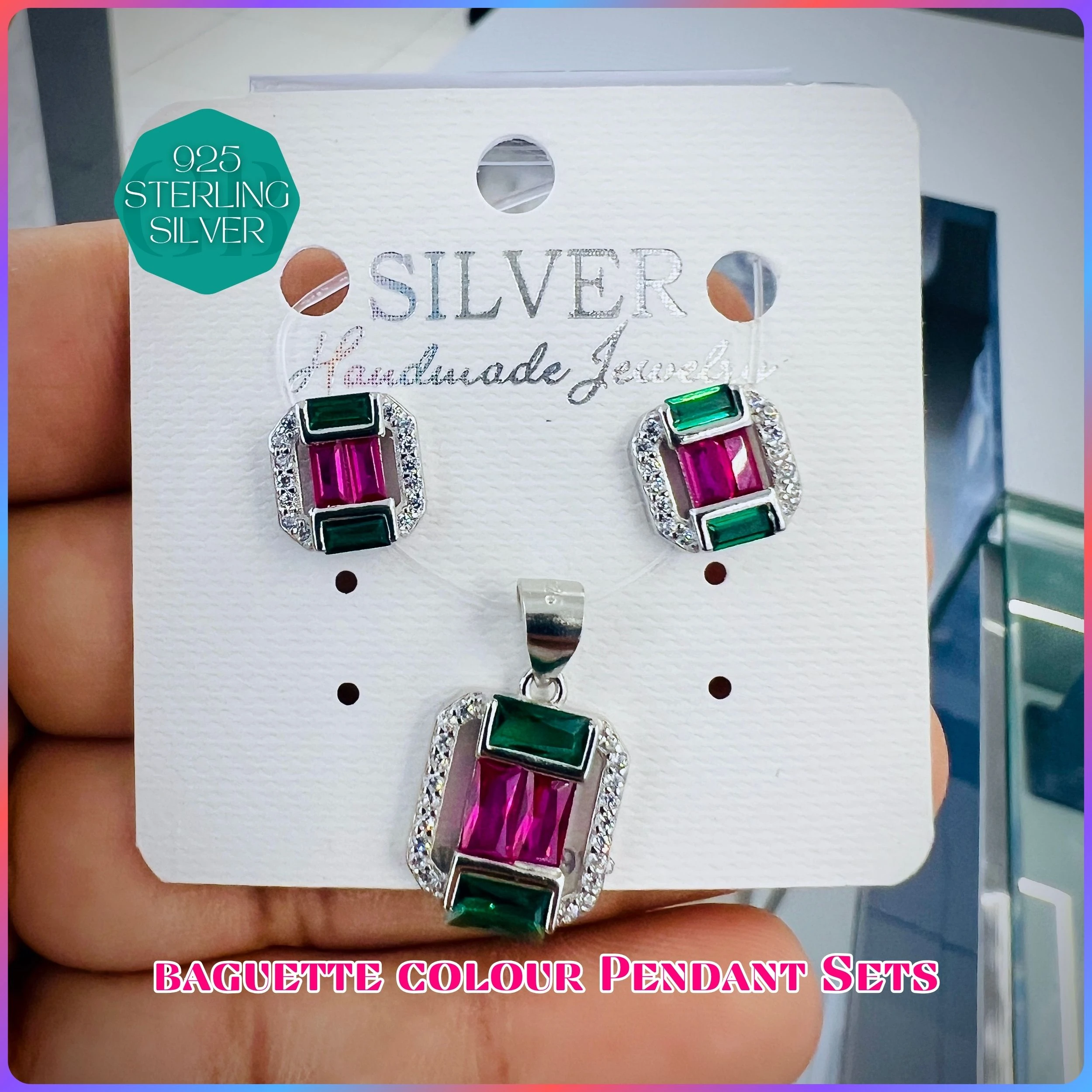 BAGUETTE COLOUR PENDANT SET - Premium 925 Silver Jewellery - SKU: GB-100-033 - Hyderabad Silver Importers