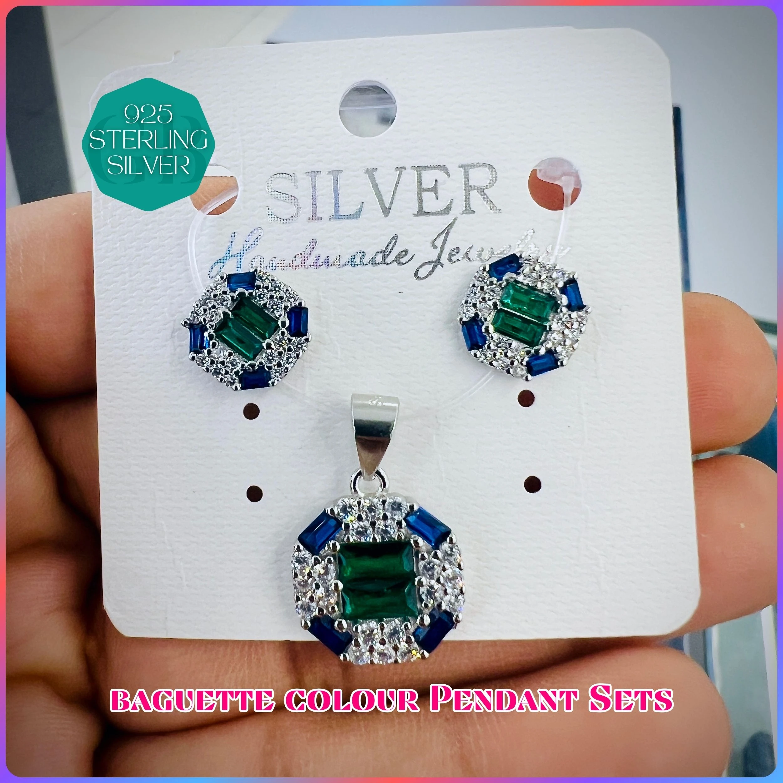 BAGUETTE COLOUR PENDANT SET - Premium 925 Silver Jewellery - SKU: GB-100-034 - Hyderabad Silver Importers