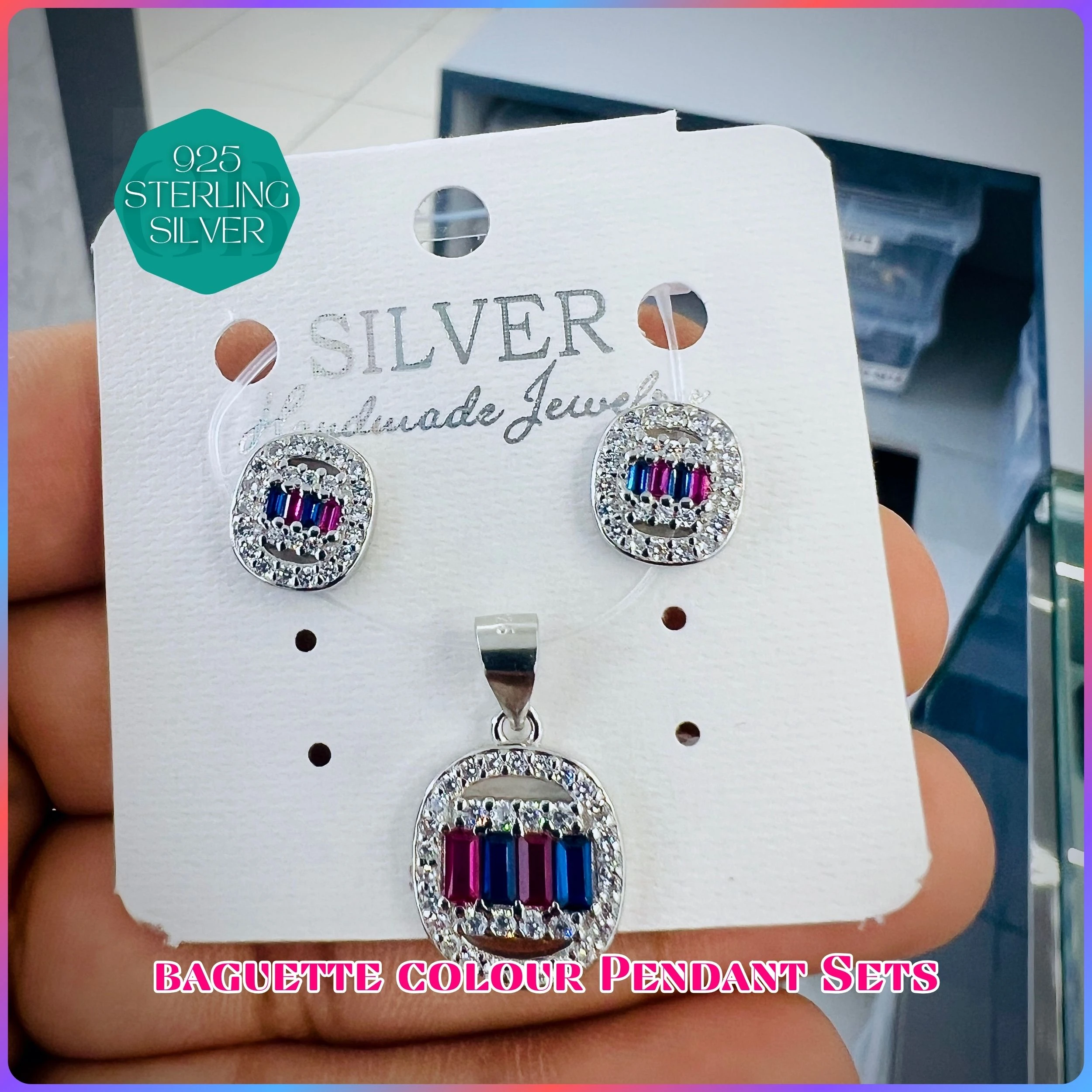 BAGUETTE COLOUR PENDANT SET - Premium 925 Silver Jewellery - SKU: GB-100-035 - Hyderabad Silver Importers