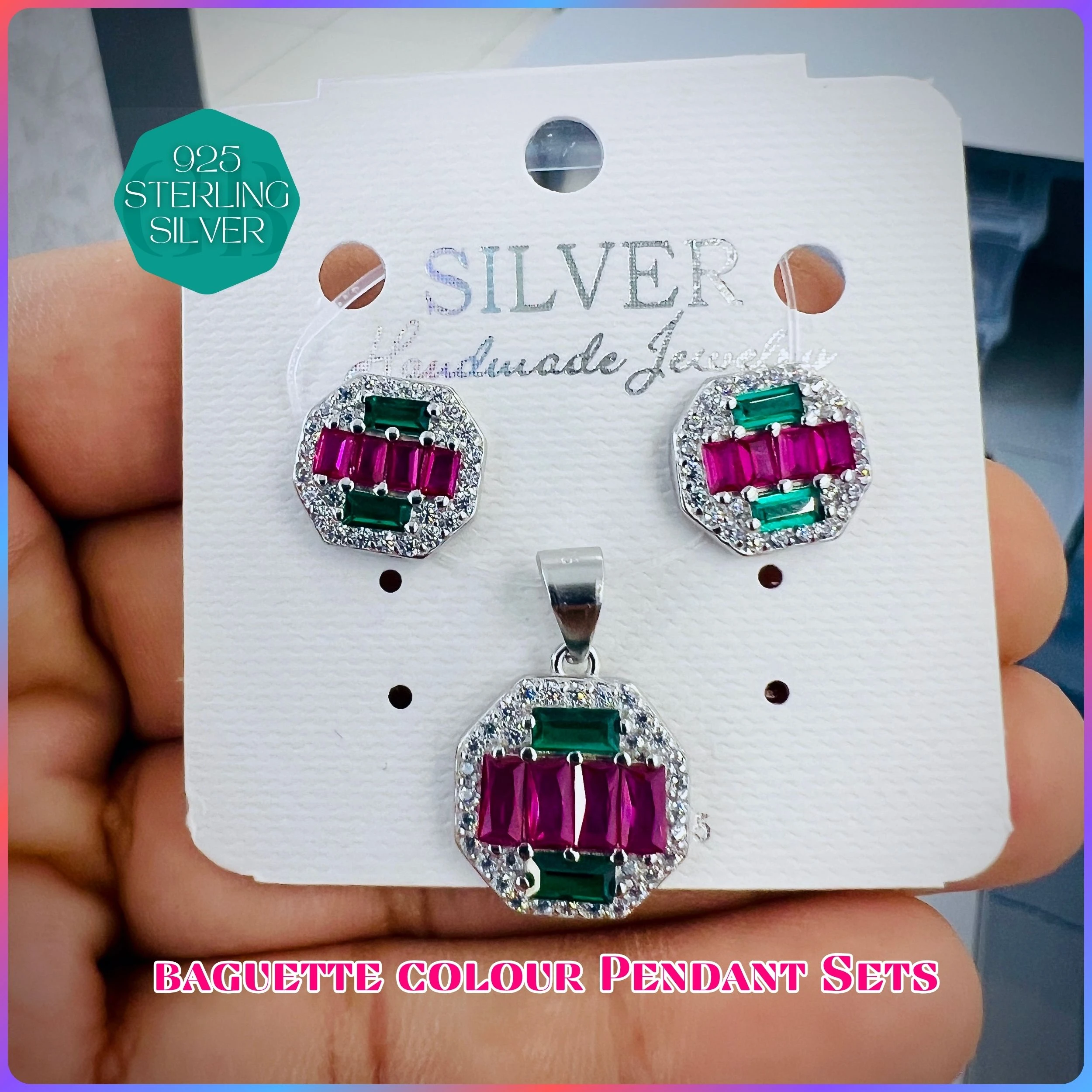 BAGUETTE COLOUR PENDANT SET - Premium 925 Silver Jewellery - SKU: GB-100-036 - Hyderabad Silver Importers
