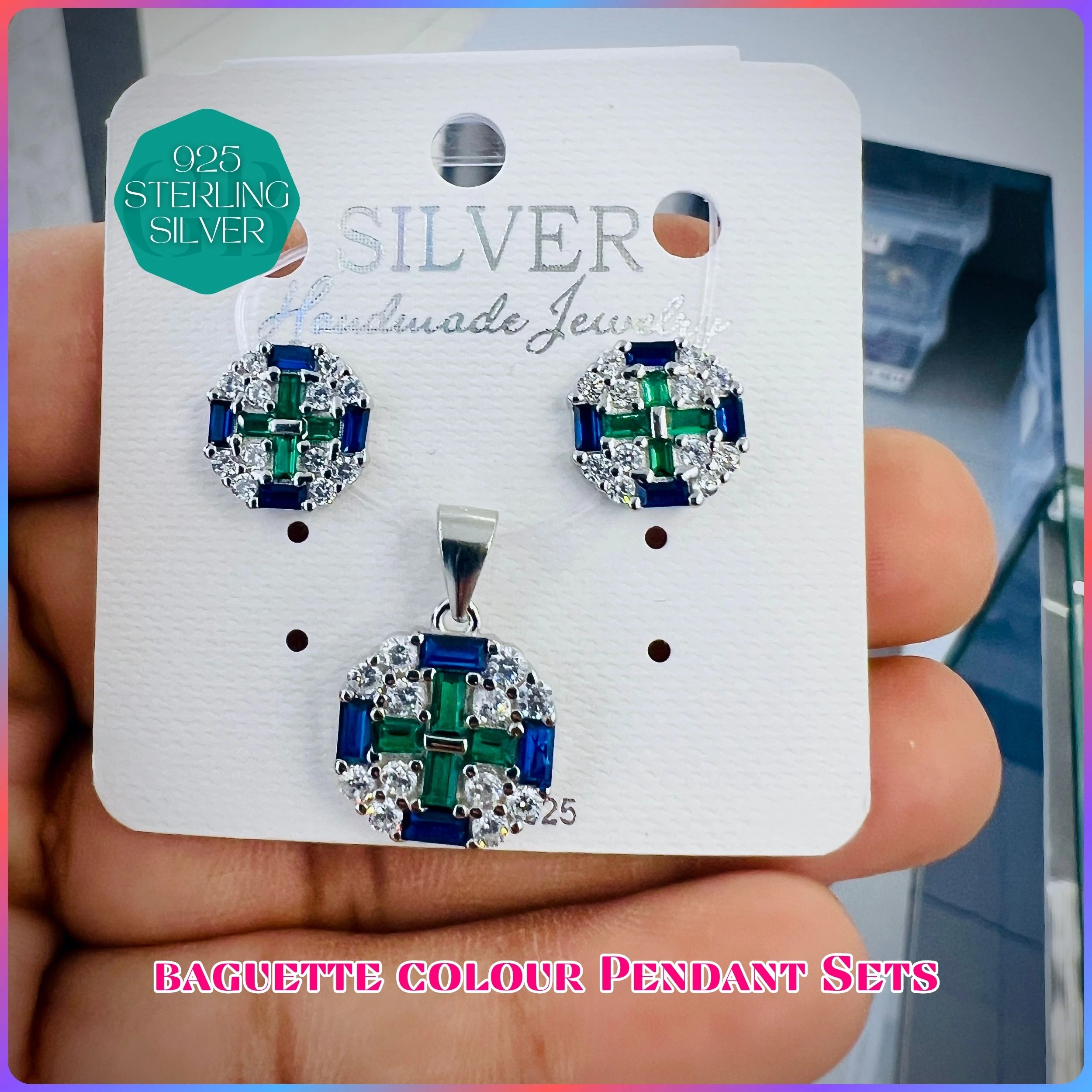BAGUETTE COLOUR PENDANT SET - Premium 925 Silver Jewellery - SKU: GB-100-037 - Hyderabad Silver Importers