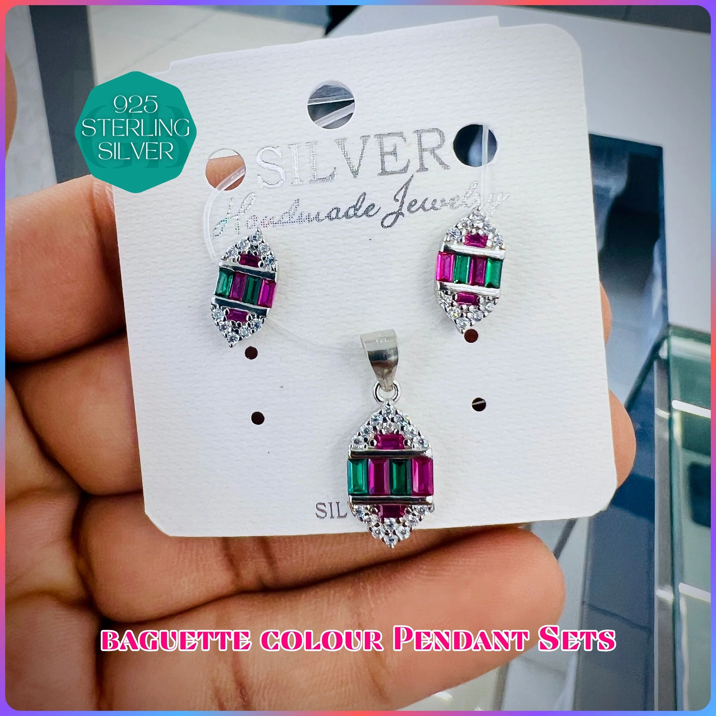 BAGUETTE COLOUR PENDANT SET - Premium 925 Silver Jewellery - SKU: GB-100-038 - Hyderabad Silver Importers