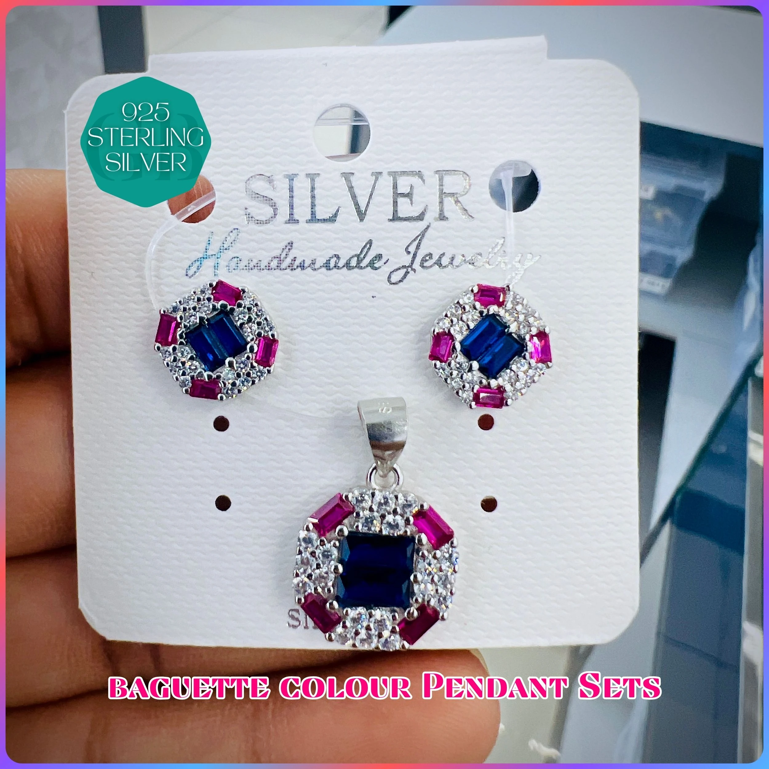 BAGUETTE COLOUR PENDANT SET - Premium 925 Silver Jewellery - SKU: GB-100-039 - Hyderabad Silver Importers