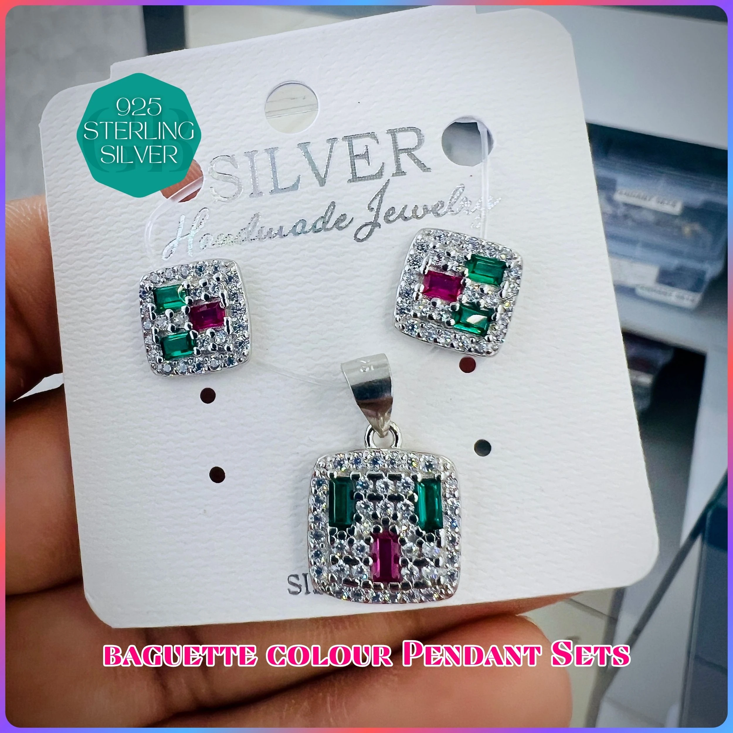 BAGUETTE COLOUR PENDANT SET - Premium 925 Silver Jewellery - SKU: GB-100-040 - Hyderabad Silver Importers