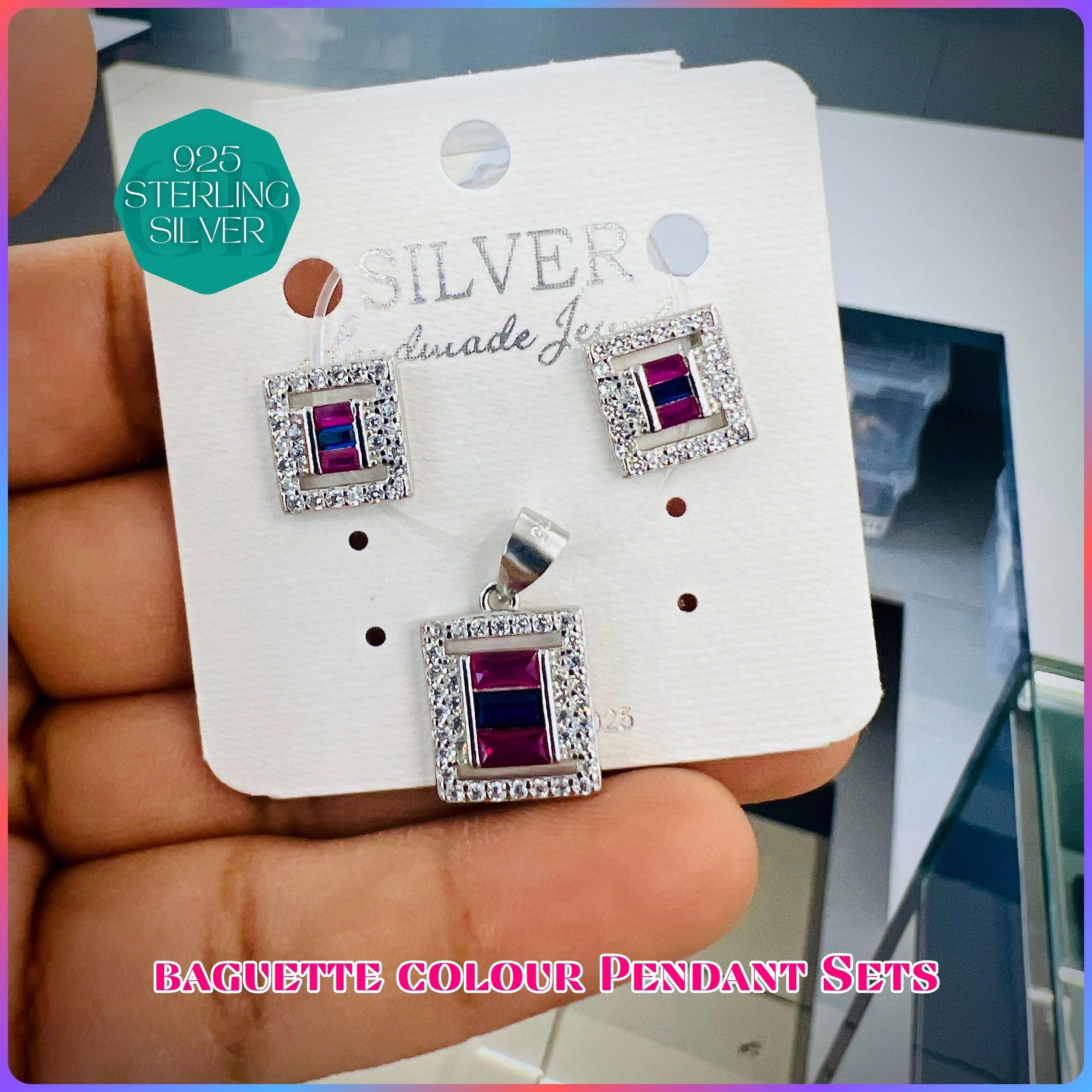 BAGUETTE COLOUR PENDANT SET - Premium 925 Silver Jewellery - SKU: GB-100-041 - Hyderabad Silver Importers