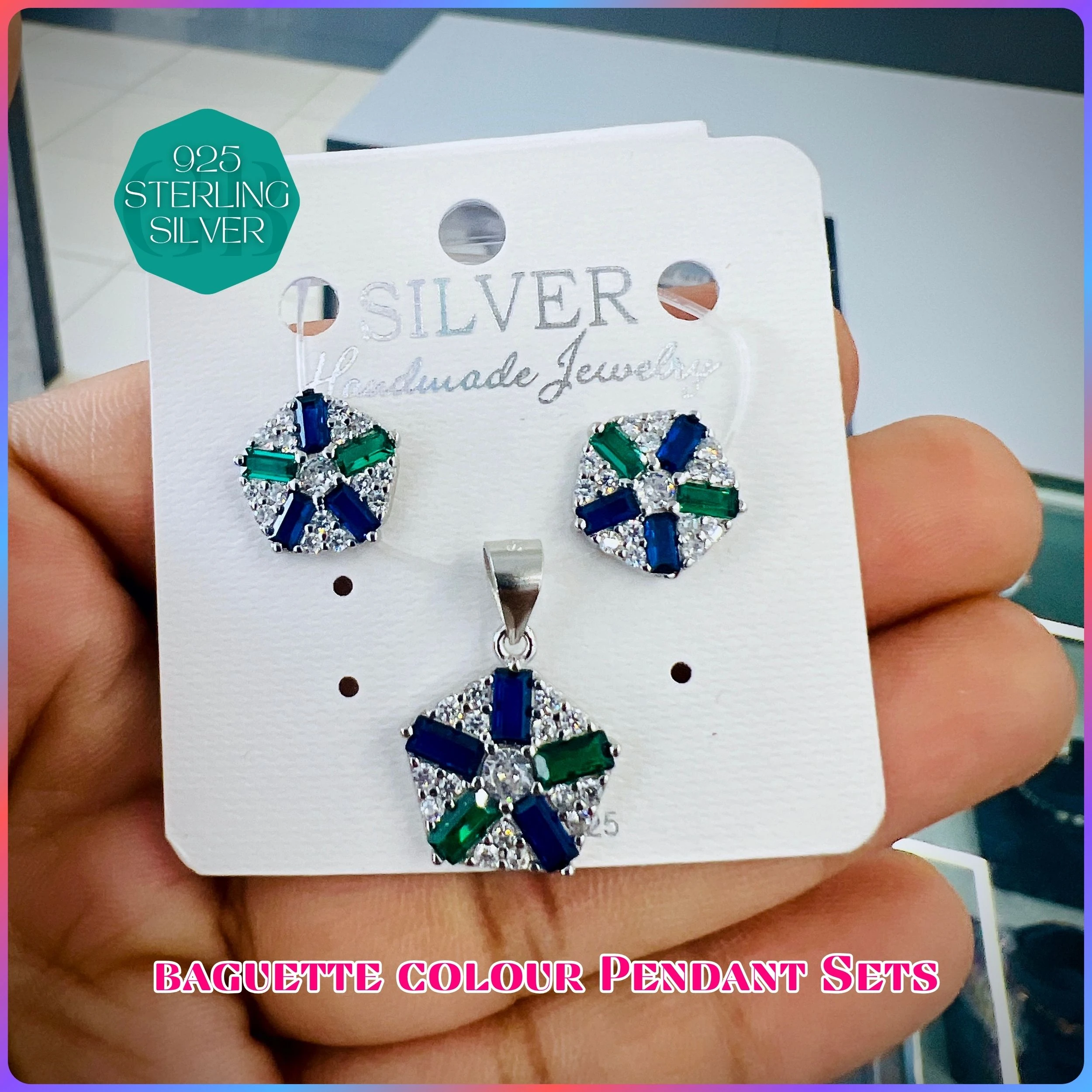 BAGUETTE COLOUR PENDANT SET - Premium 925 Silver Jewellery - SKU: GB-100-042 - Hyderabad Silver Importers