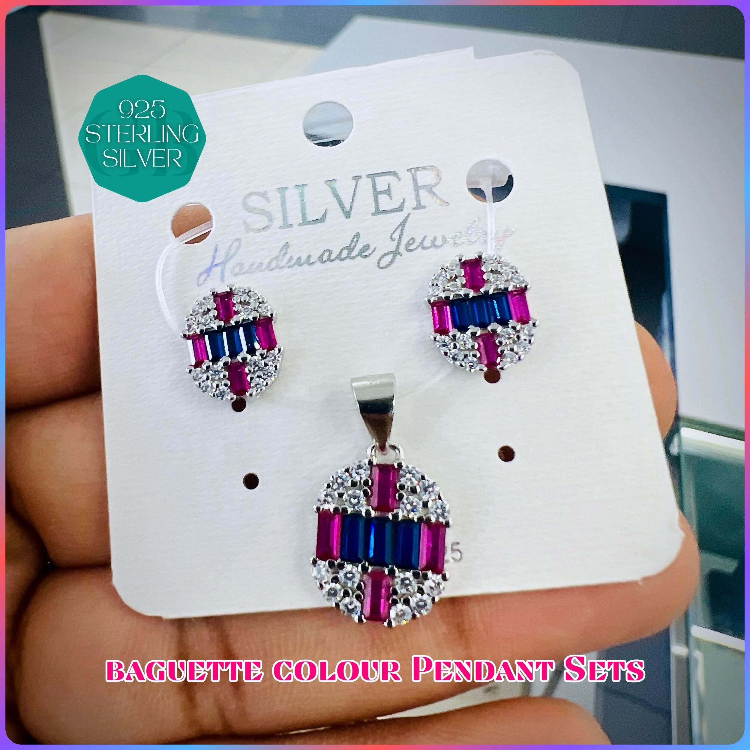 BAGUETTE COLOUR PENDANT SET - Premium 925 Silver Jewellery - SKU: GB-100-045 - Hyderabad Silver Importers
