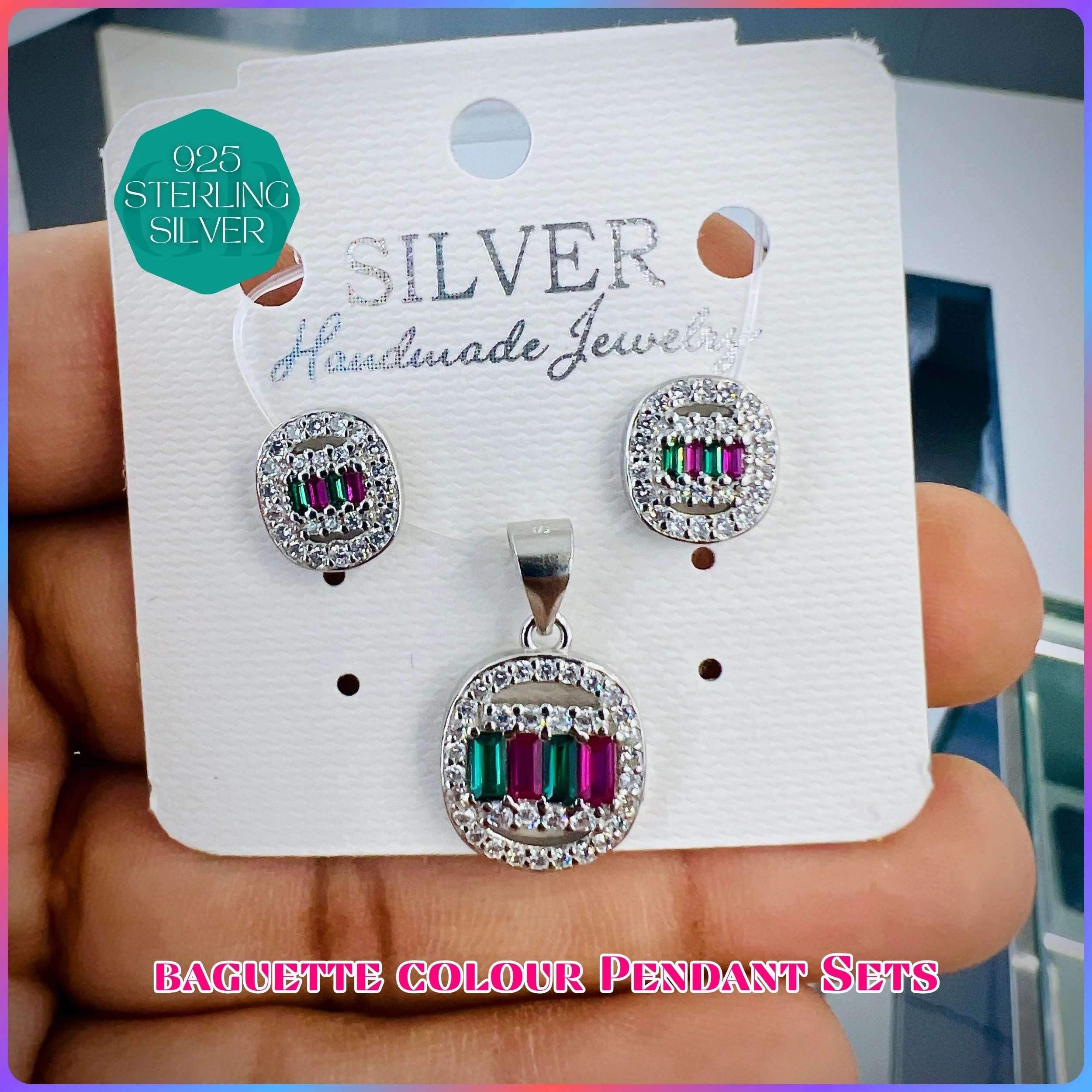 BAGUETTE COLOUR PENDANT SET - Premium 925 Silver Jewellery - SKU: GB-100-046 - Hyderabad Silver Importers