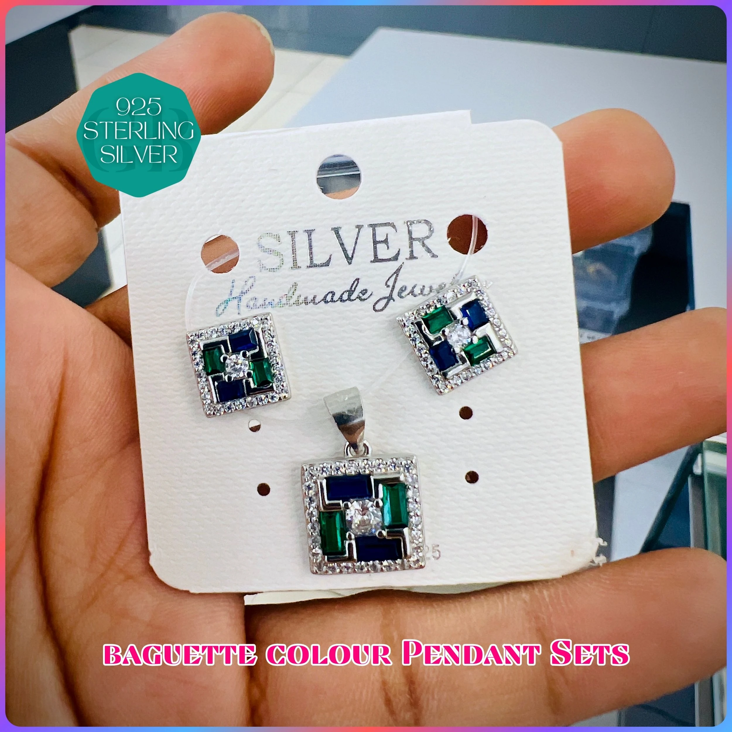 BAGUETTE COLOUR PENDANT SET - Premium 925 Silver Jewellery - SKU: GB-100-047 - Hyderabad Silver Importers