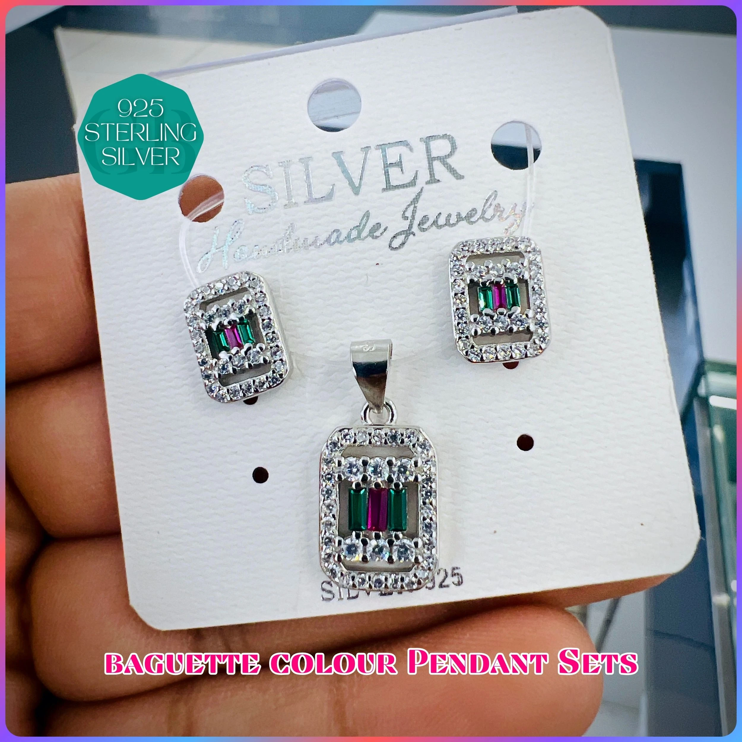 BAGUETTE COLOUR PENDANT SET - Premium 925 Silver Jewellery - SKU: GB-100-048 - Hyderabad Silver Importers
