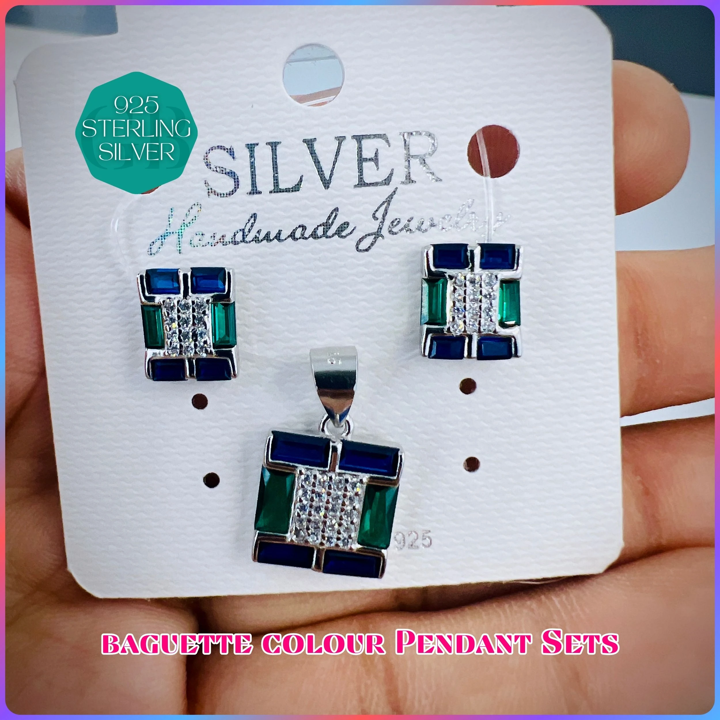 BAGUETTE COLOUR PENDANT SET - Premium 925 Silver Jewellery - SKU: GB-100-049 - Hyderabad Silver Importers