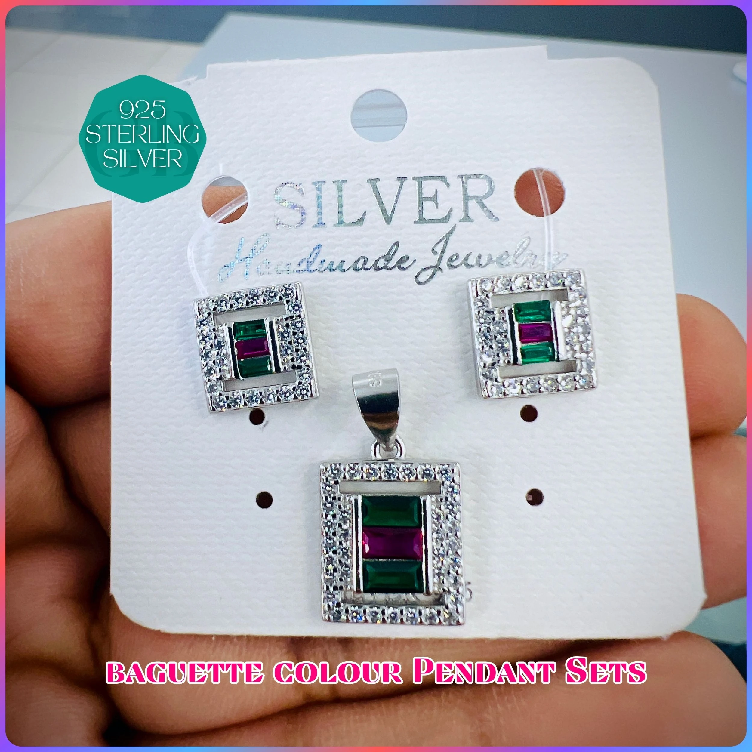 BAGUETTE COLOUR PENDANT SET - Premium 925 Silver Jewellery - SKU: GB-100-051 - Hyderabad Silver Importers