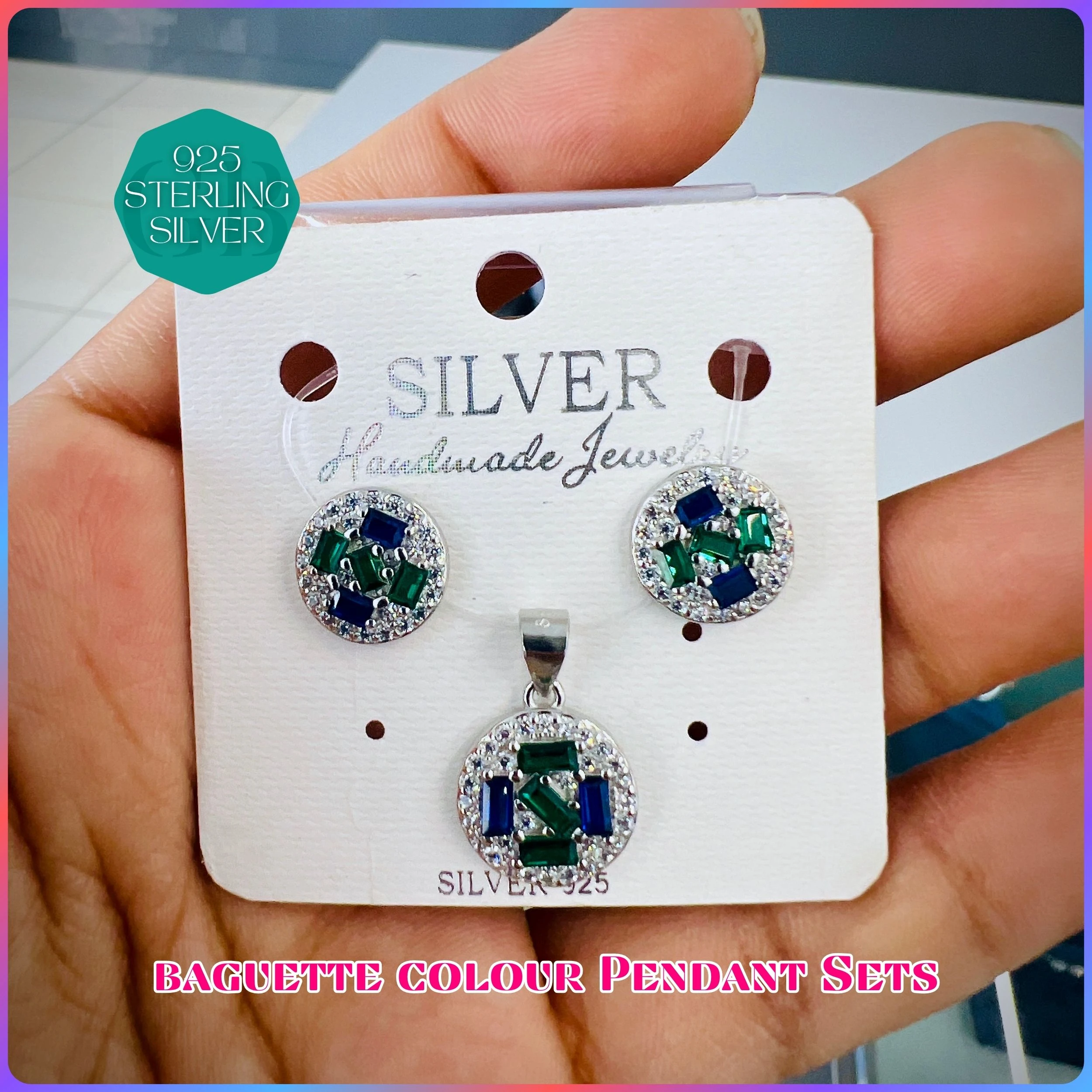 BAGUETTE COLOUR PENDANT SET - Premium 925 Silver Jewellery - SKU: GB-100-052 - Hyderabad Silver Importers