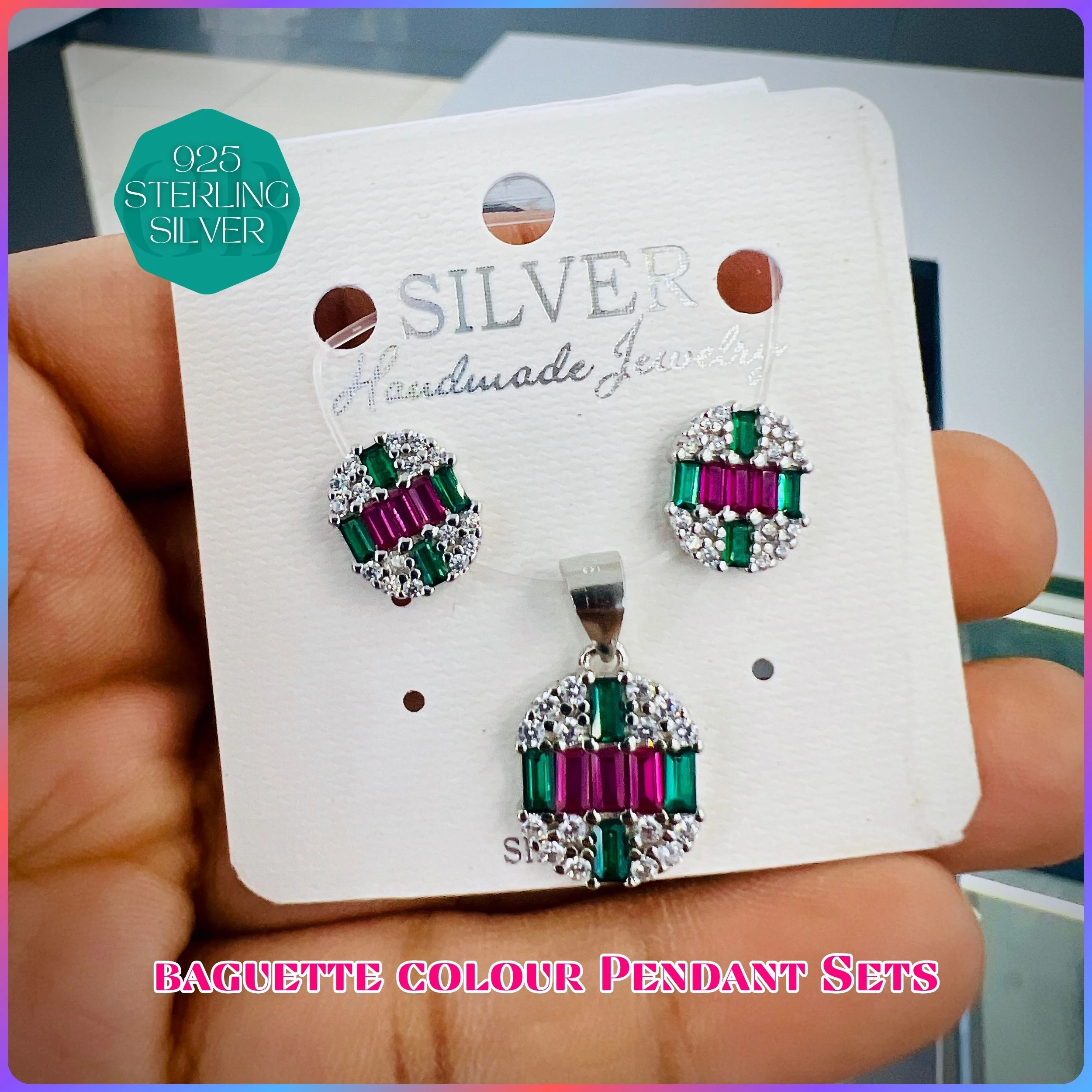 BAGUETTE COLOUR PENDANT SET - Premium 925 Silver Jewellery - SKU: GB-100-053 - Hyderabad Silver Importers