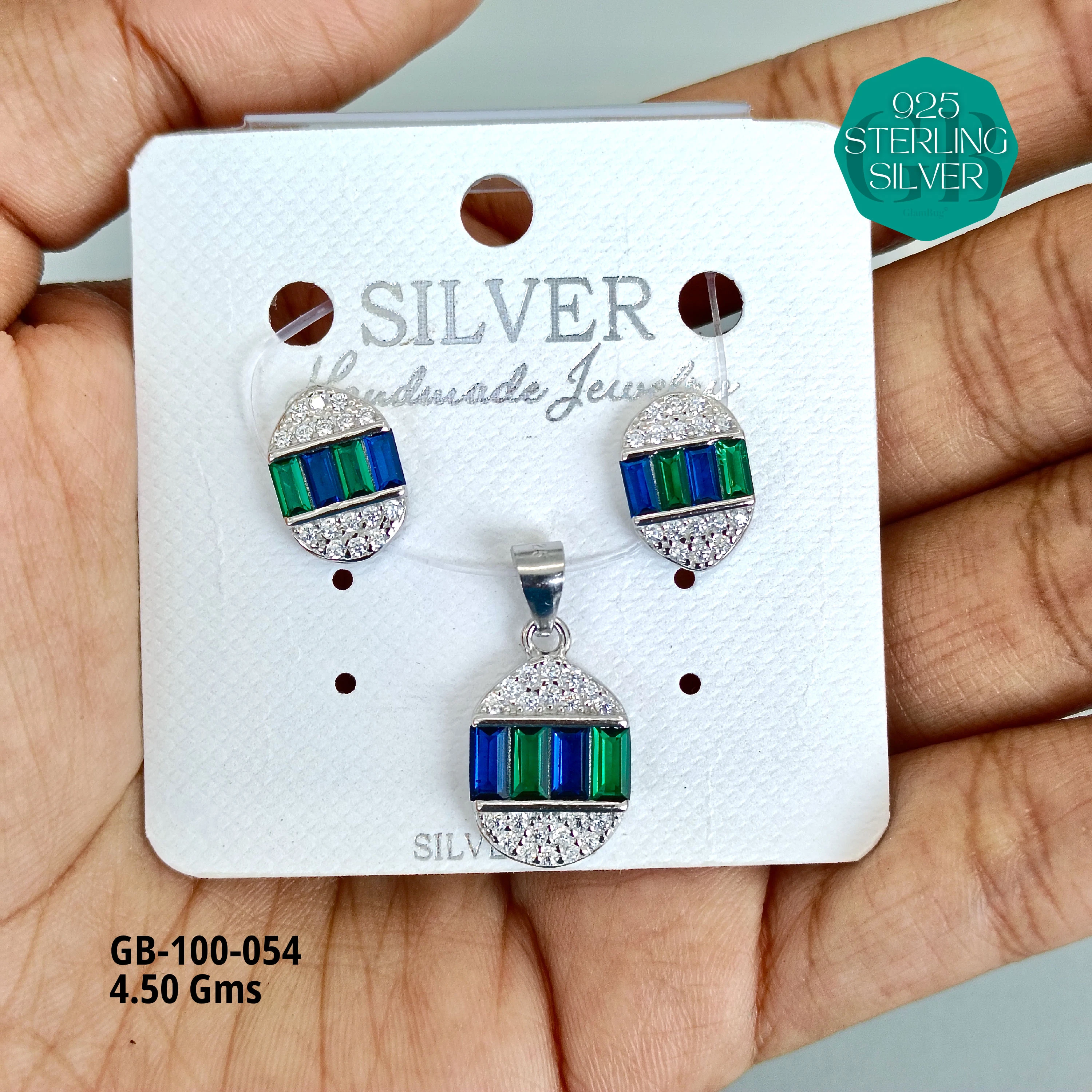 BAGUETTE COLOUR PENDANT SET - Premium 925 Silver Jewellery - SKU: GB-100-054 - Hyderabad Silver Importers
