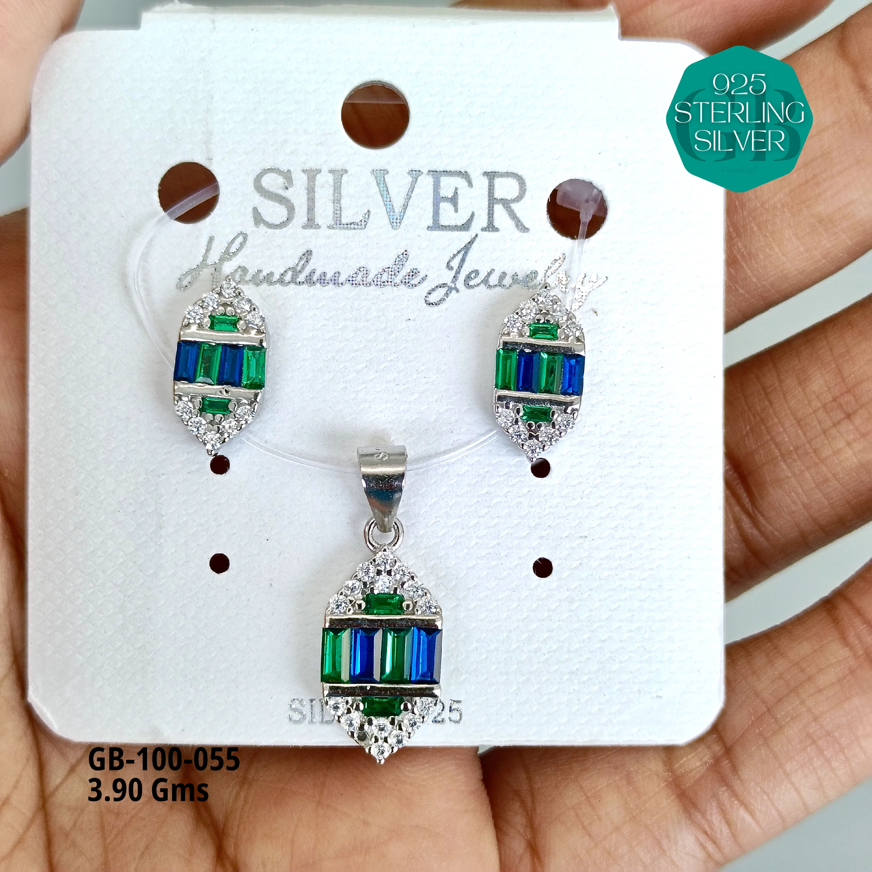 BAGUETTE COLOUR PENDANT SET - Premium 925 Silver Jewellery - SKU: GB-100-055 - Hyderabad Silver Importers