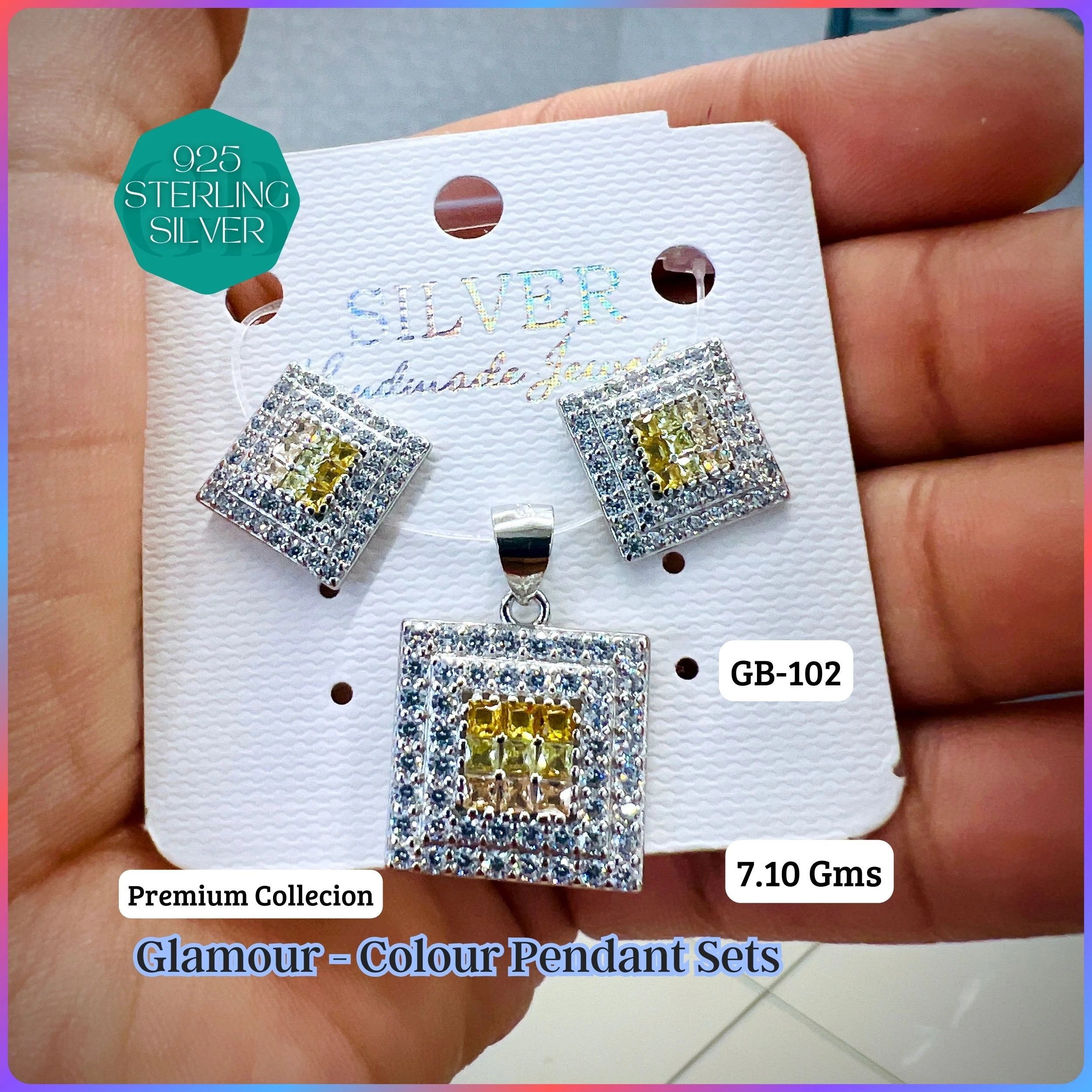 INVISIBLE SETTING COLOUR PENDANT SETS - Premium 925 Silver Jewellery - SKU: GB-102-002 - Hyderabad Silver Importers