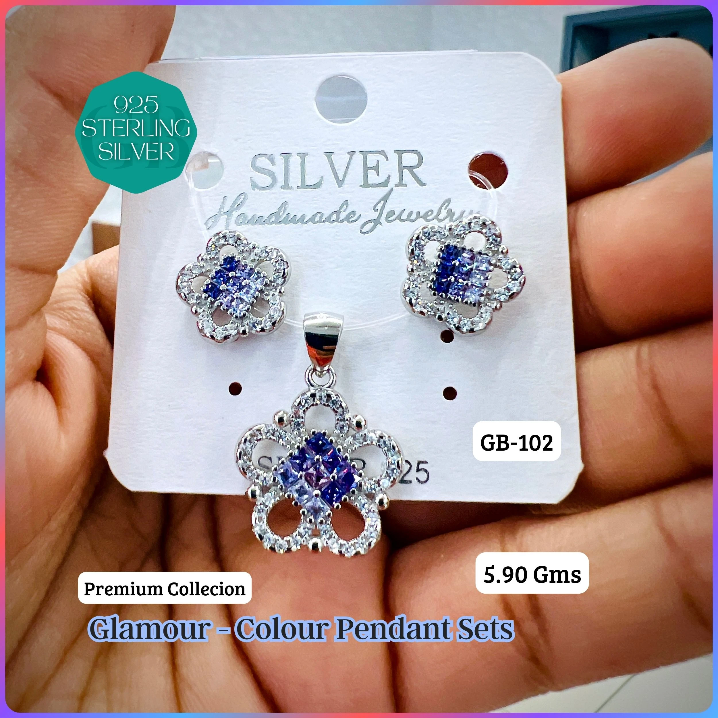 INVISIBLE SETTING COLOUR PENDANT SETS - Premium 925 Silver Jewellery - SKU: GB-102-003 - Hyderabad Silver Importers