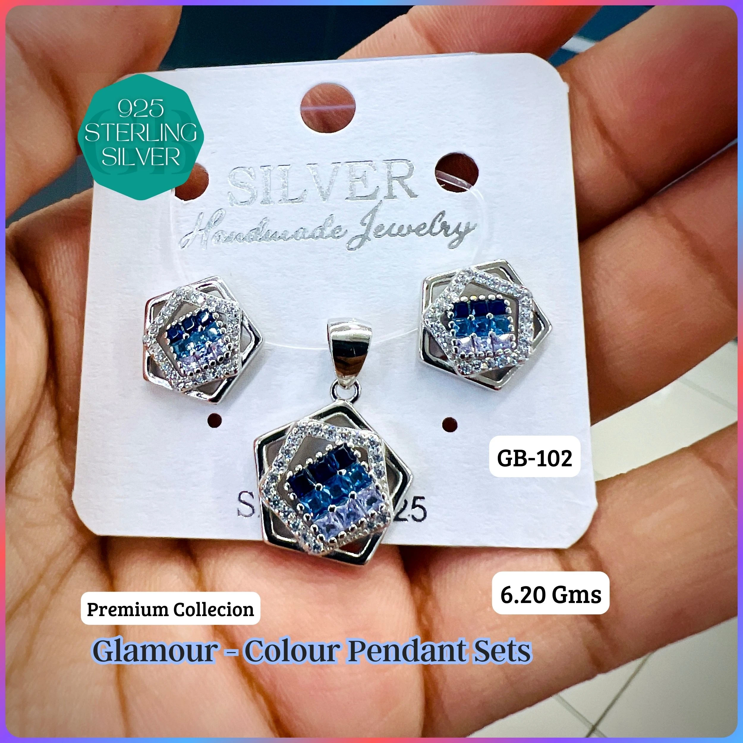 INVISIBLE SETTING COLOUR PENDANT SETS - Premium 925 Silver Jewellery - SKU: GB-102-004 - Hyderabad Silver Importers