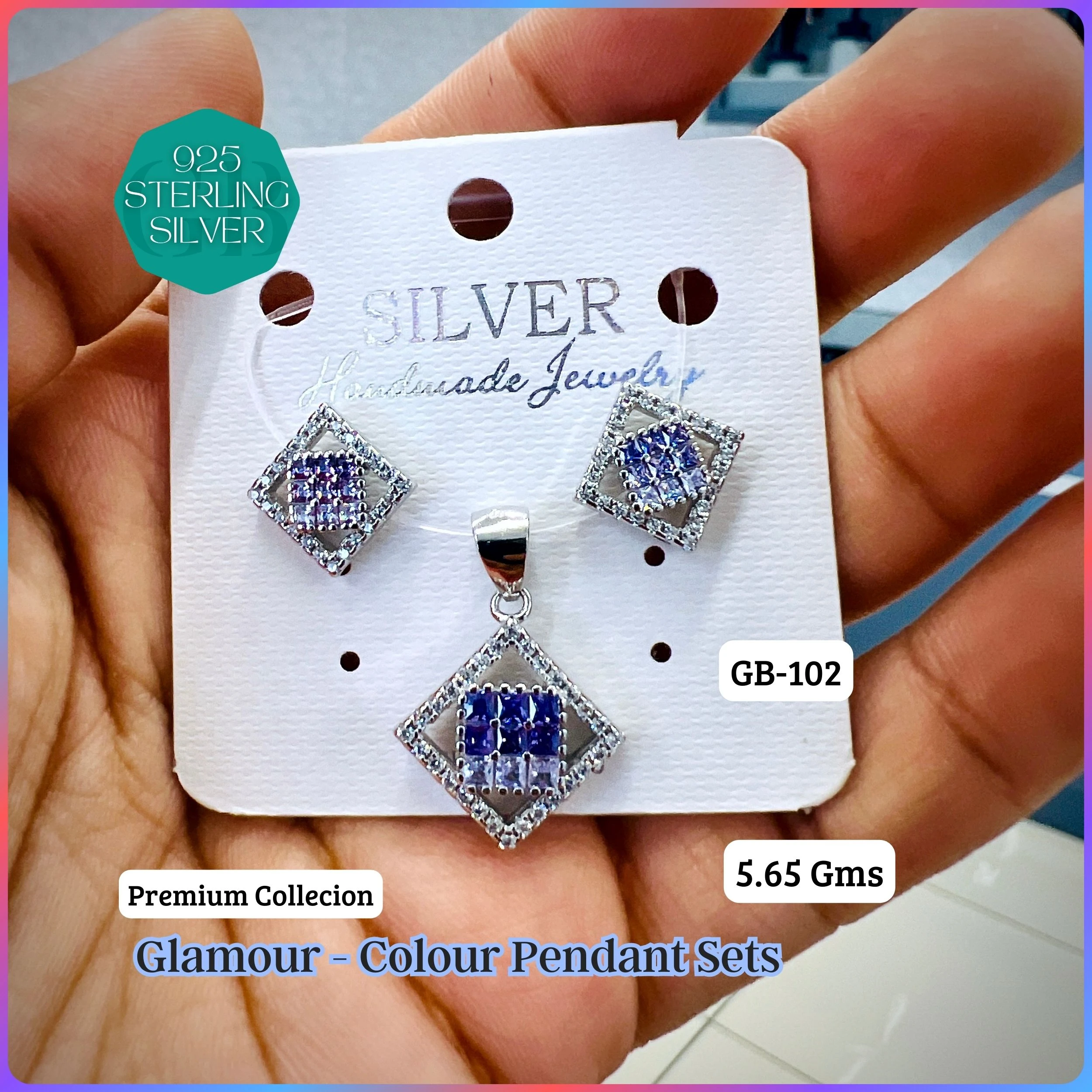 INVISIBLE SETTING COLOUR PENDANT SETS - Premium 925 Silver Jewellery - SKU: GB-102-006 - Hyderabad Silver Importers