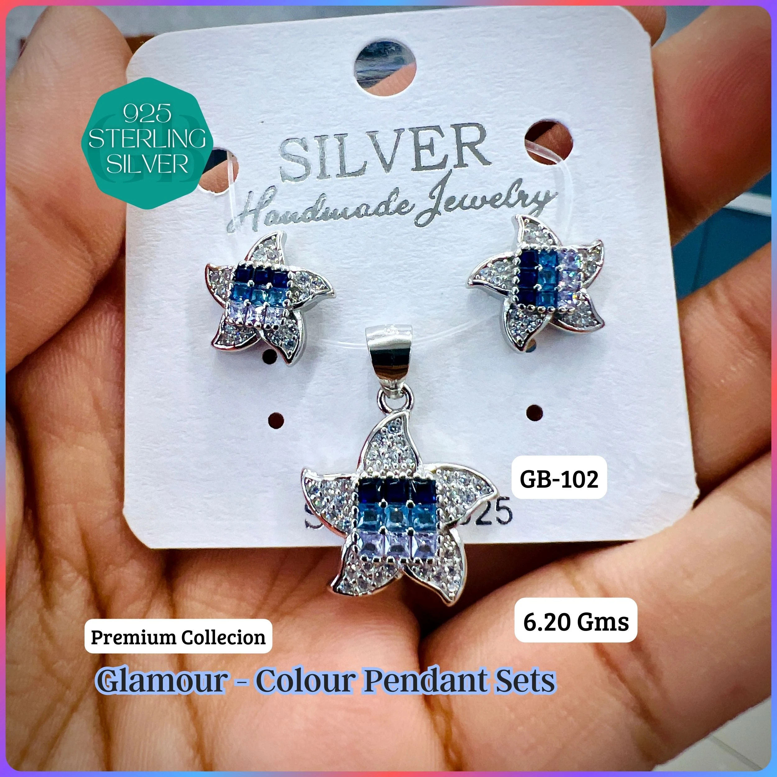 INVISIBLE SETTING COLOUR PENDANT SETS - Premium 925 Silver Jewellery - SKU: GB-102-007 - Hyderabad Silver Importers