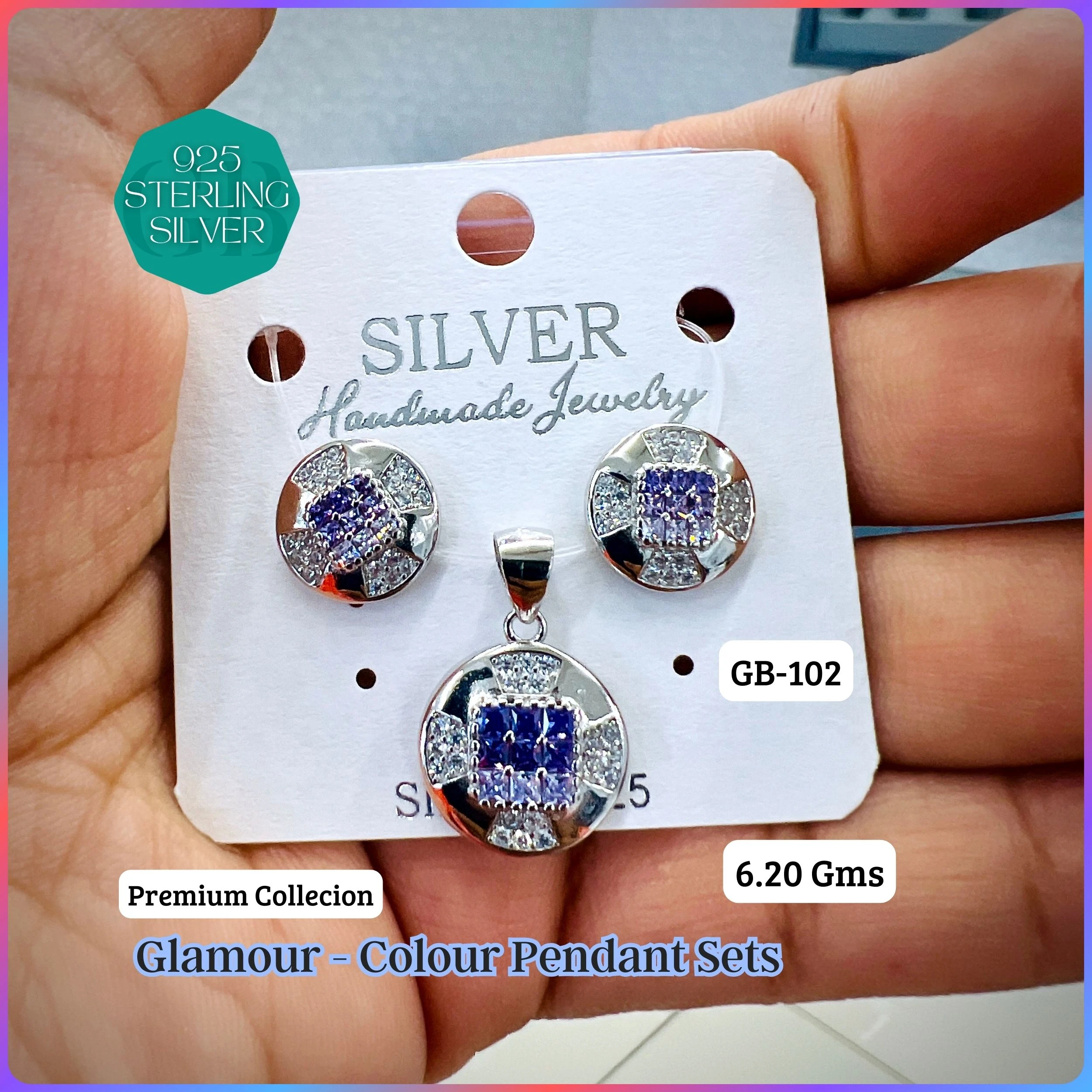 INVISIBLE SETTING COLOUR PENDANT SETS - Premium 925 Silver Jewellery - SKU: GB-102-008 - Hyderabad Silver Importers